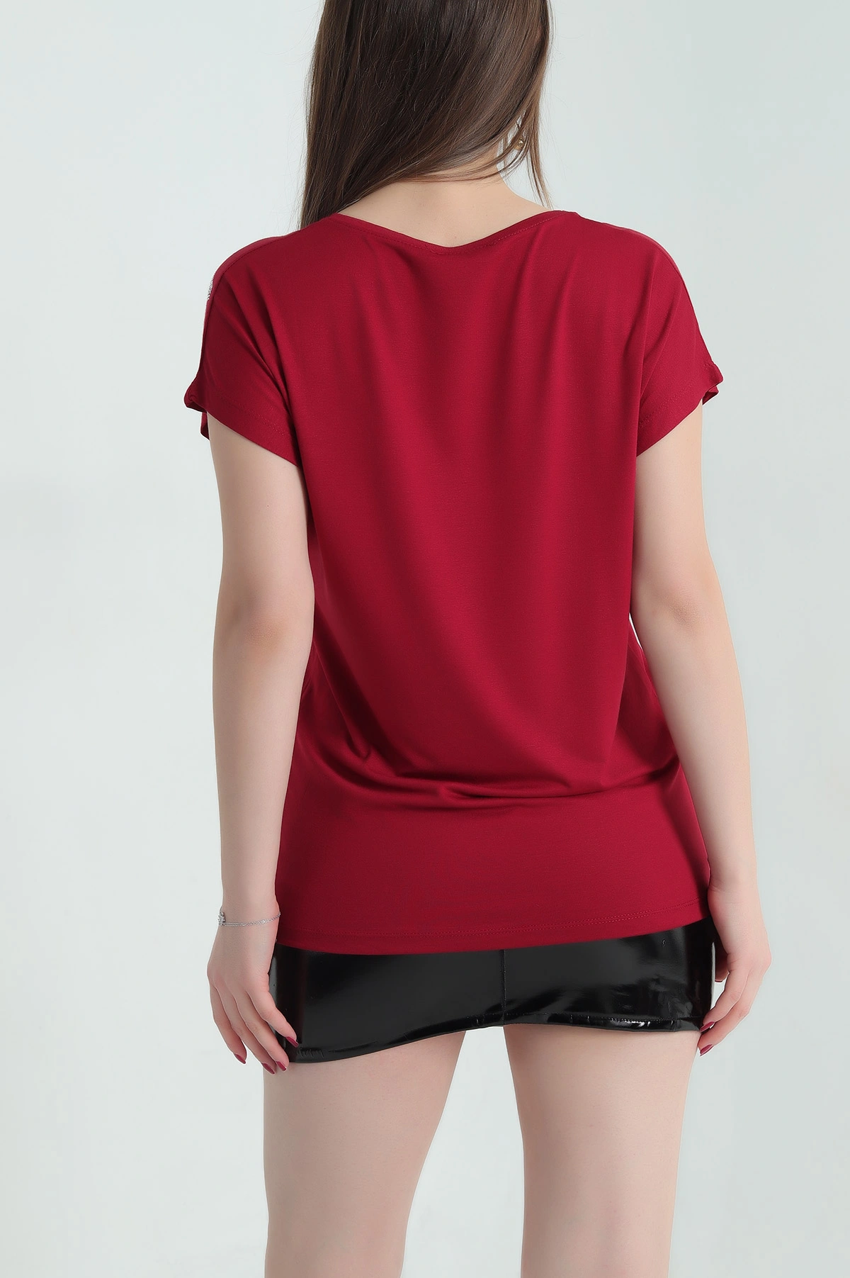Bordo Taş İşlemeli Viskon Bluz 335897