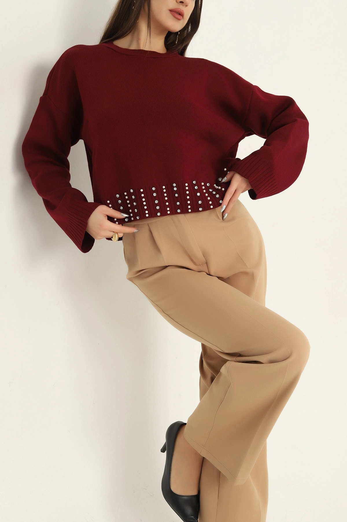 Bordo Taşlı Bayan Triko Kazak 321793