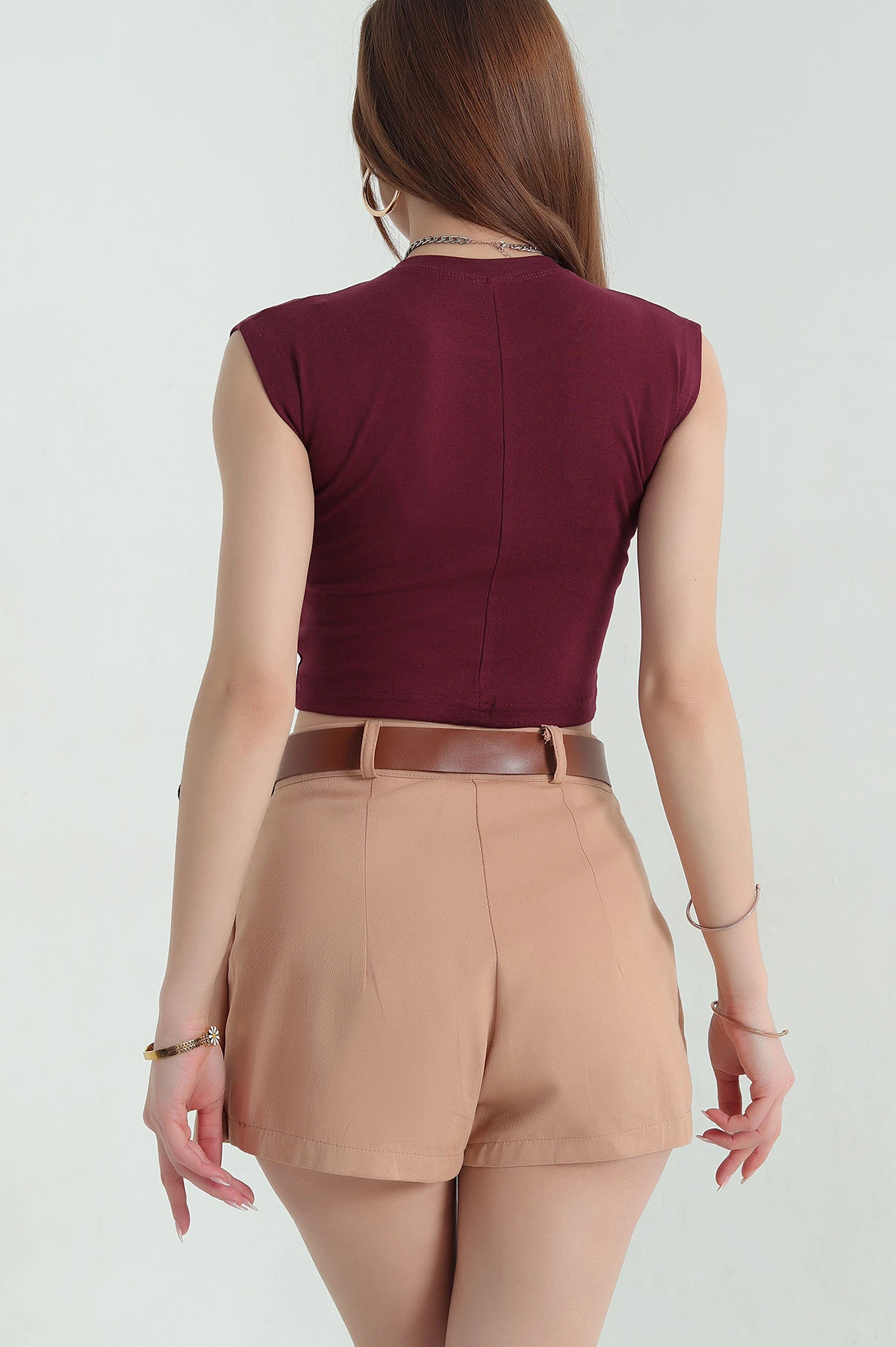 Bordo Taşlı Bisiklet Yaka Ribana Crop 354479