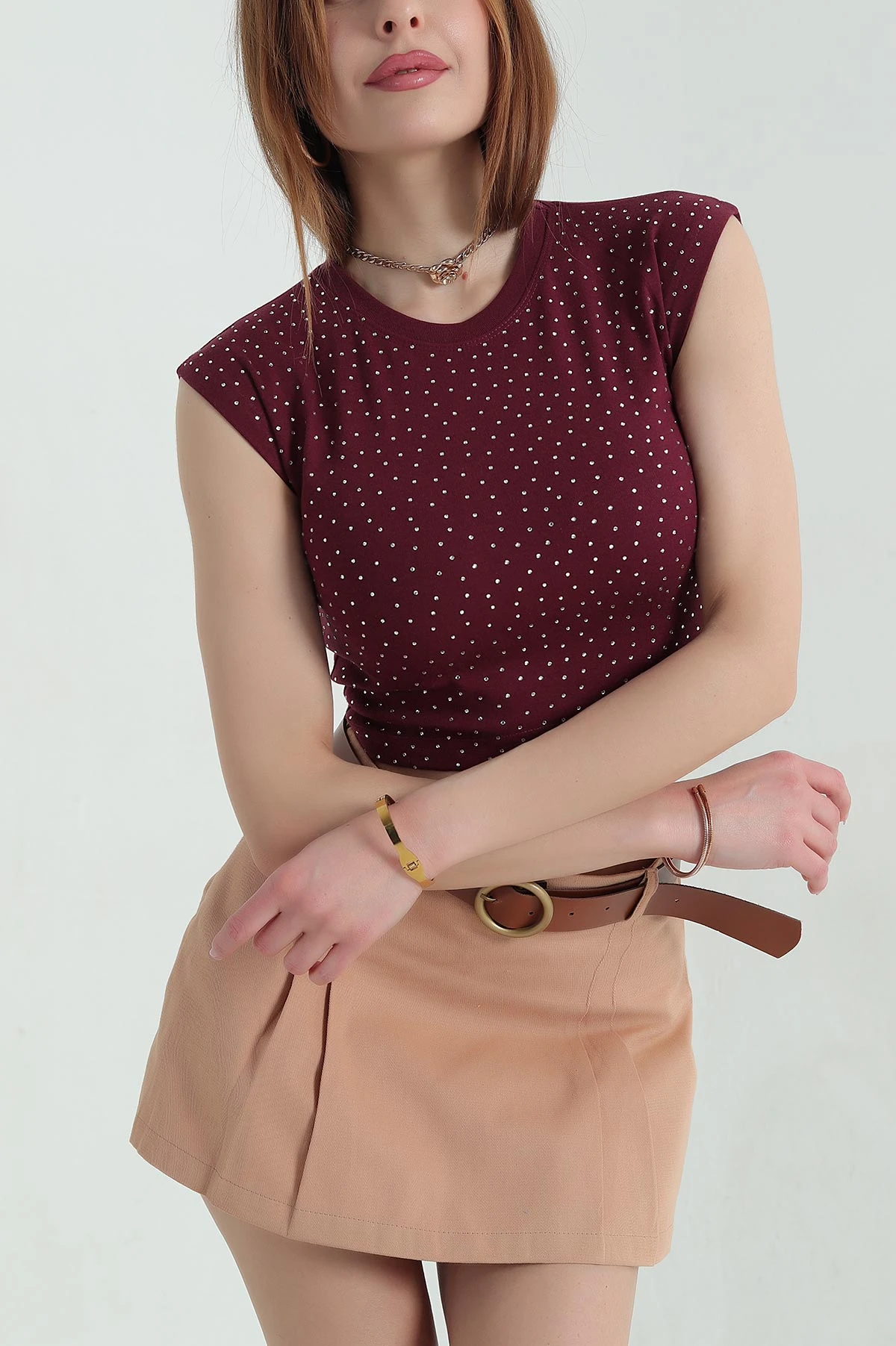 Bordo Taşlı Bisiklet Yaka Ribana Crop 354479