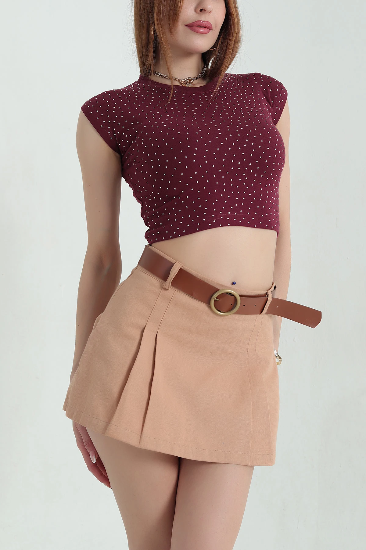 Bordo Taşlı Bisiklet Yaka Ribana Crop 354479