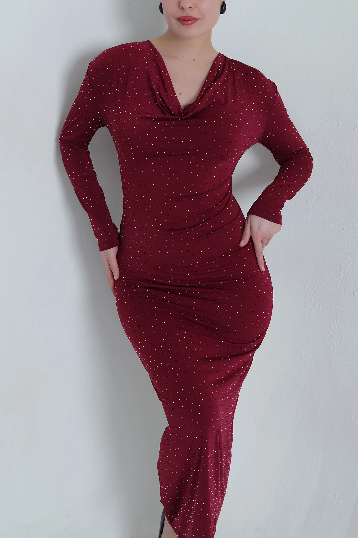 Bordo Taşlı Degaje Yaka Sandy Kadın Elbise 495001