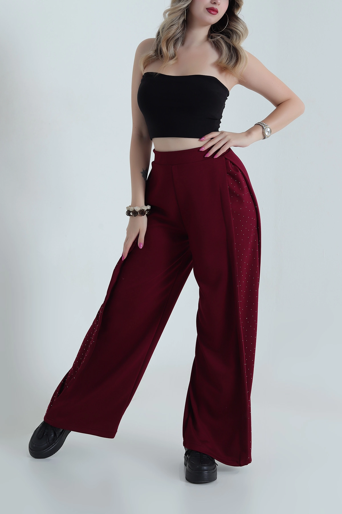 Bordo Taşlı Garnili Modal Kadın Pantolon 484409