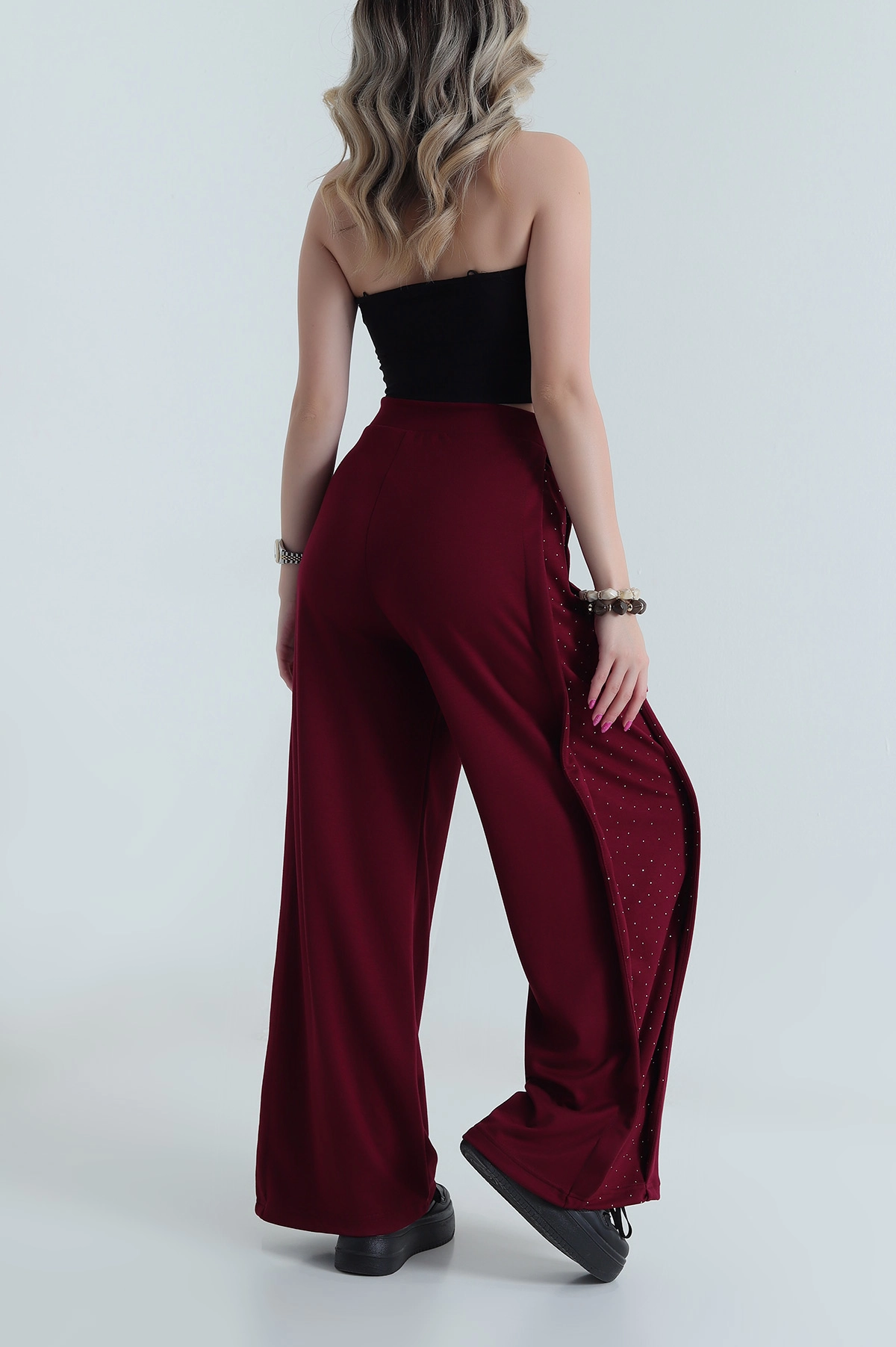 Bordo Taşlı Garnili Modal Kadın Pantolon 484409