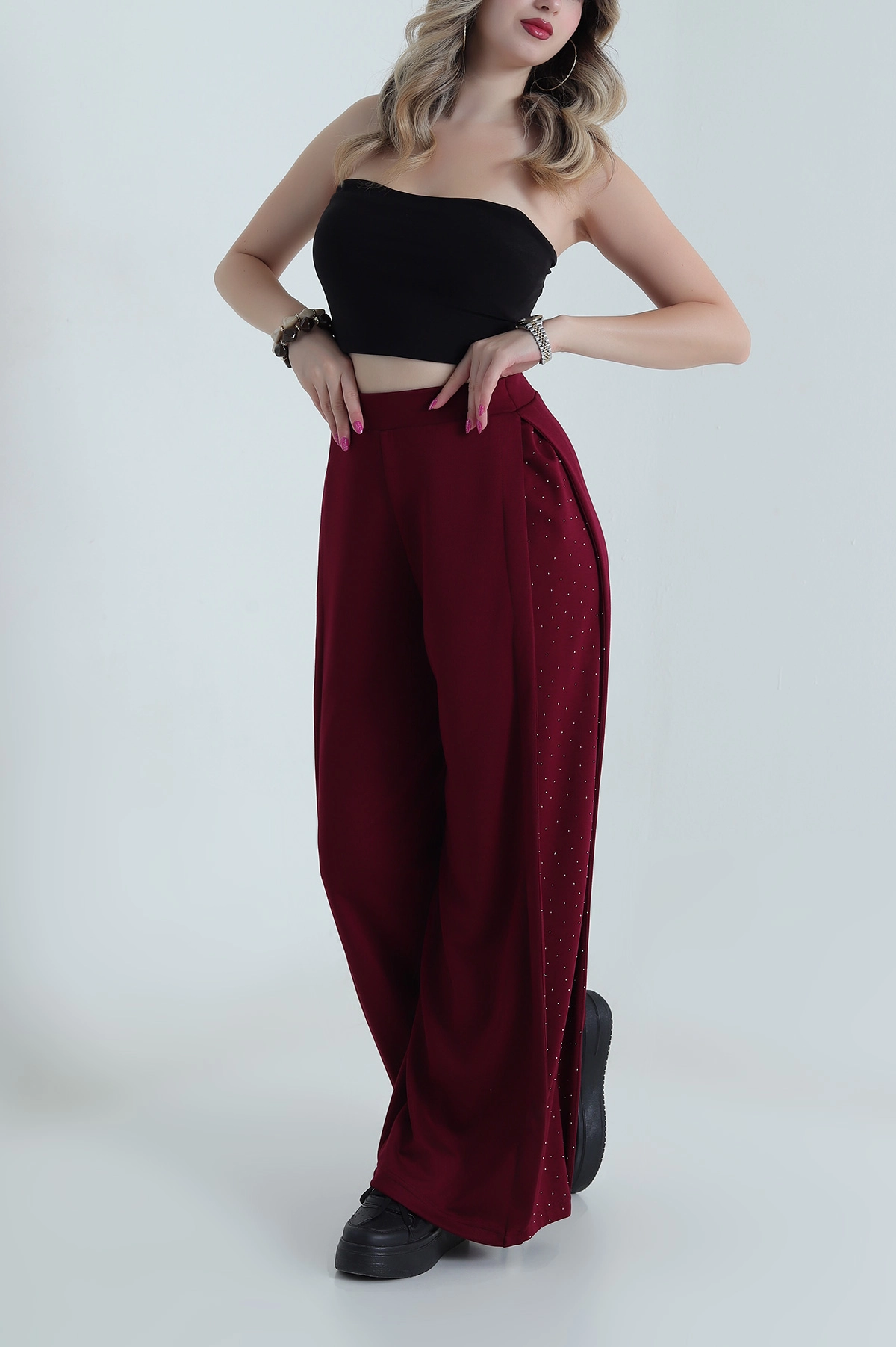 Bordo Taşlı Garnili Modal Kadın Pantolon 484409