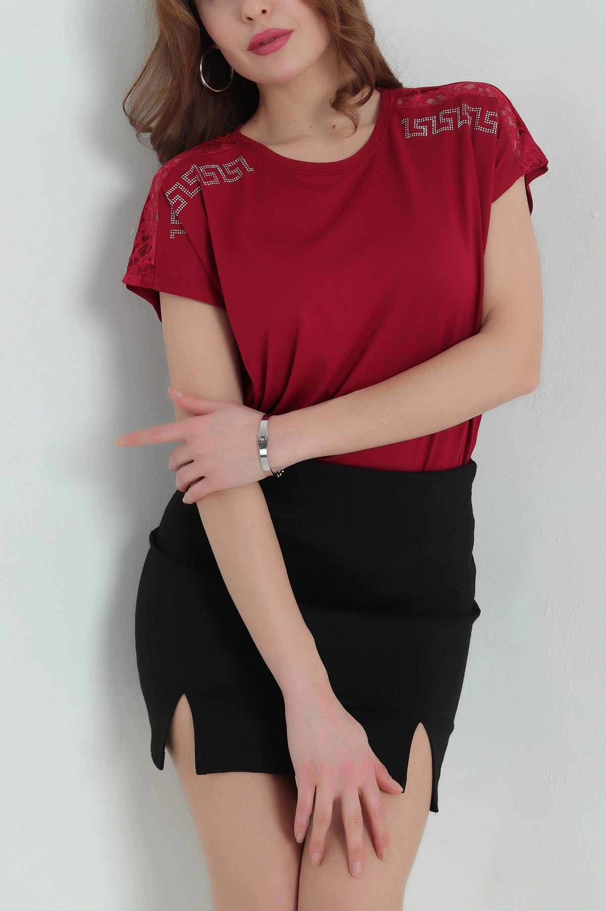Bordo Taşlı Güpürlü Çilek Kumaş Bluz 334567