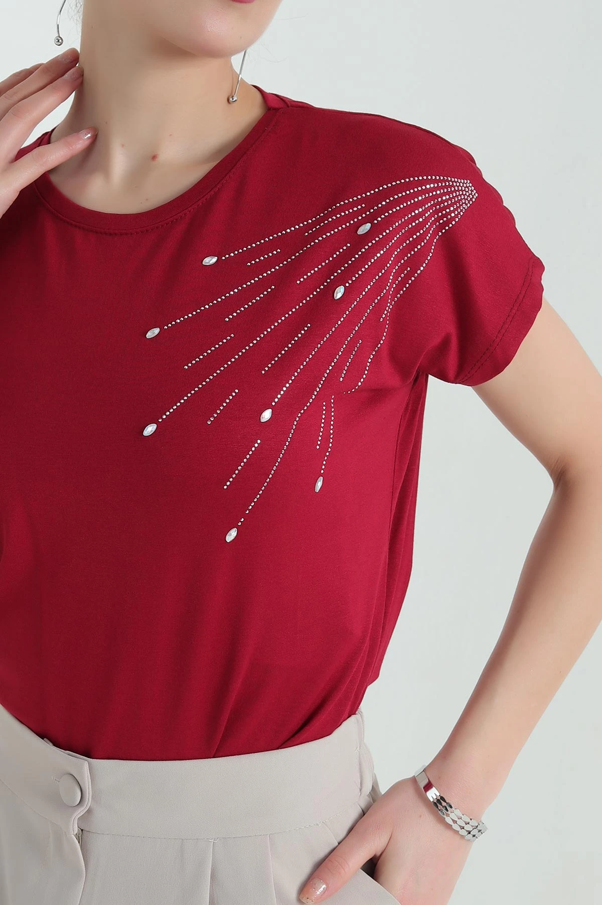 Bordo Taşlı İncili Çilek Kumaş Bluz 334534