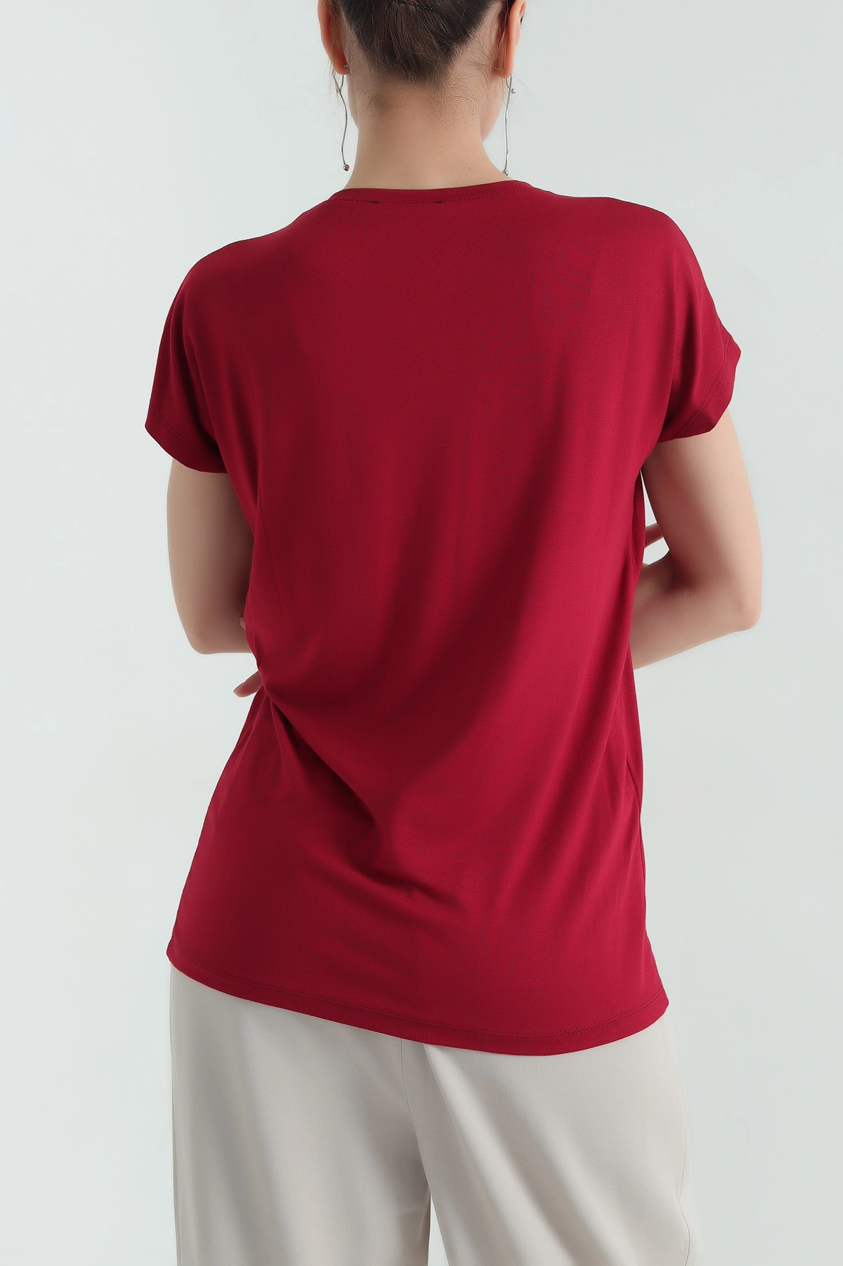 Bordo Taşlı İncili Çilek Kumaş Bluz 334534