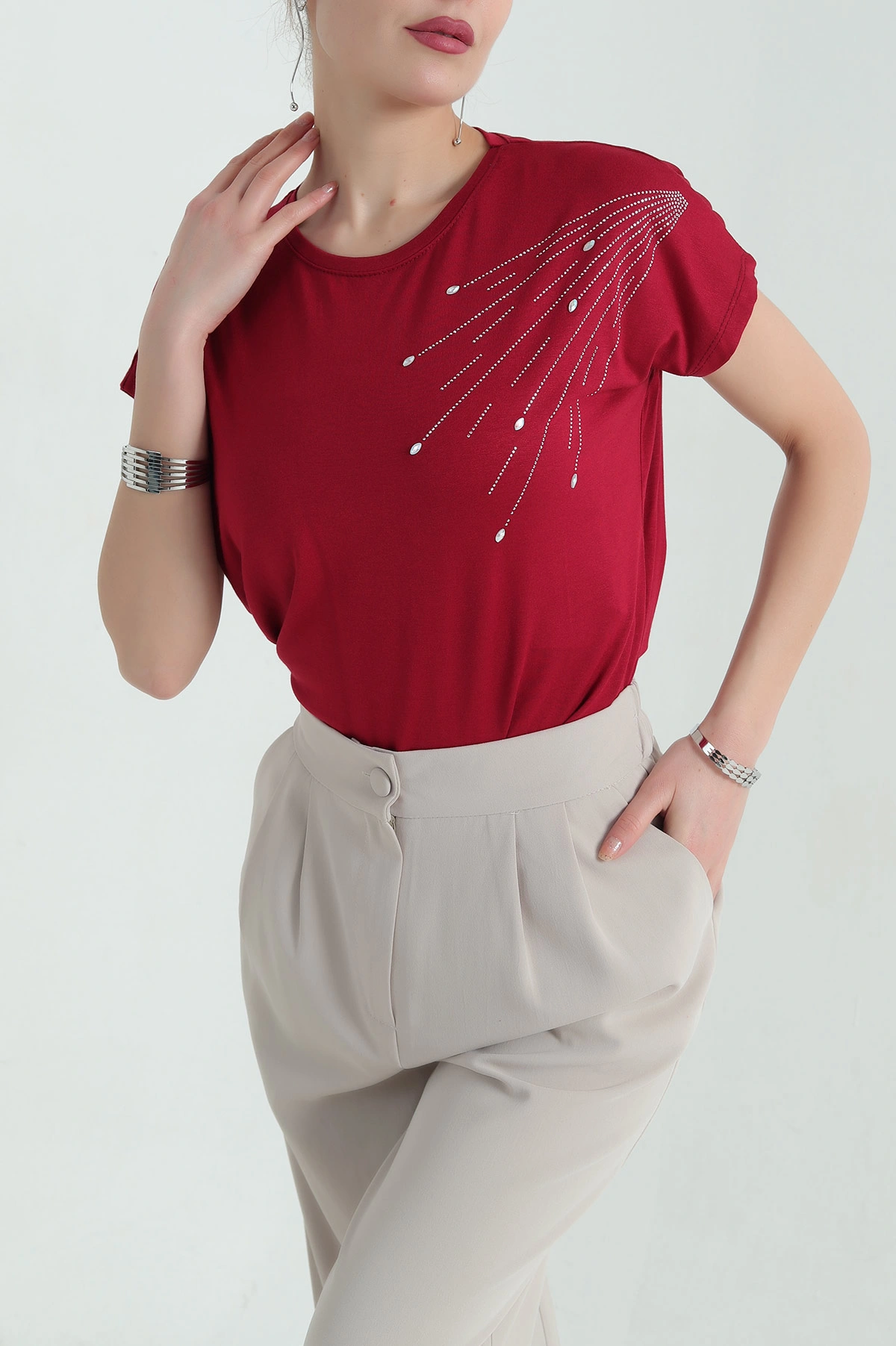 Bordo Taşlı İncili Çilek Kumaş Bluz 334534