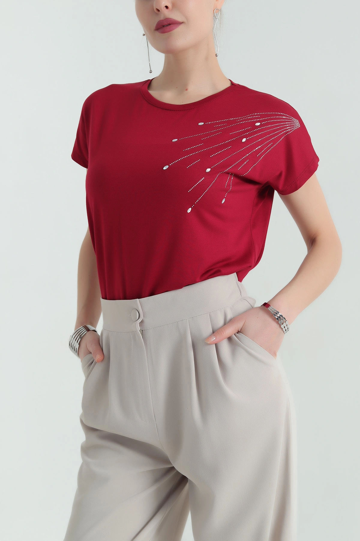 Bordo Taşlı İncili Çilek Kumaş Bluz 334534