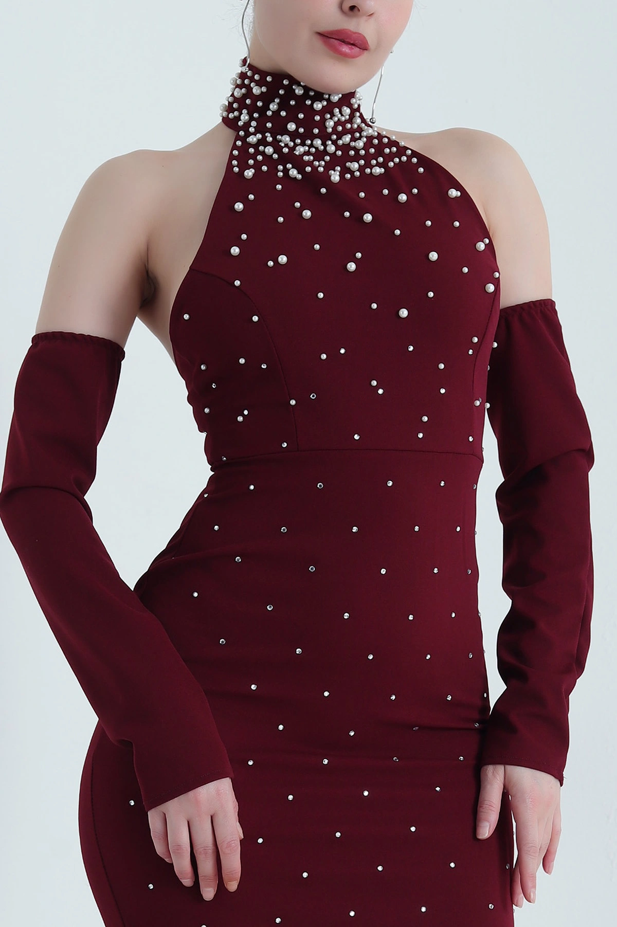Bordo Taşlı İncili Likralı Kadın Crep Abiye 454123