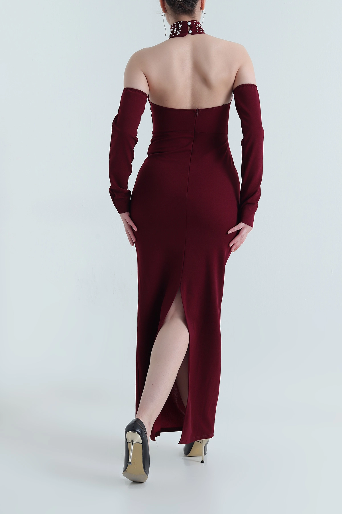 Bordo Taşlı İncili Likralı Kadın Crep Abiye 454123