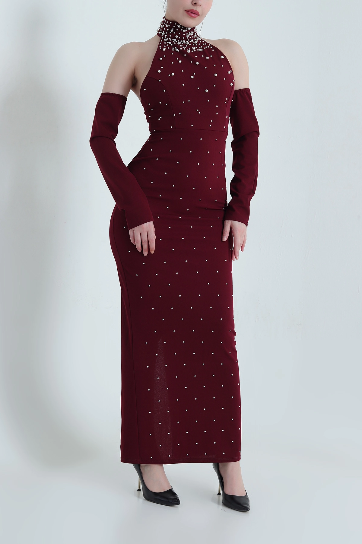 Bordo Taşlı İncili Likralı Kadın Crep Abiye 454123