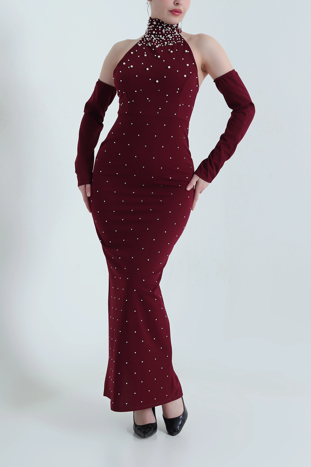 Bordo Taşlı İncili Likralı Kadın Crep Abiye 454123