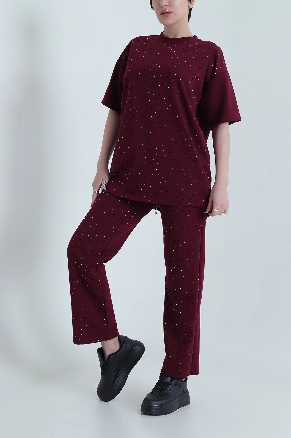 Bordo Taşlı Kristal Kadın İkili Takım 454523