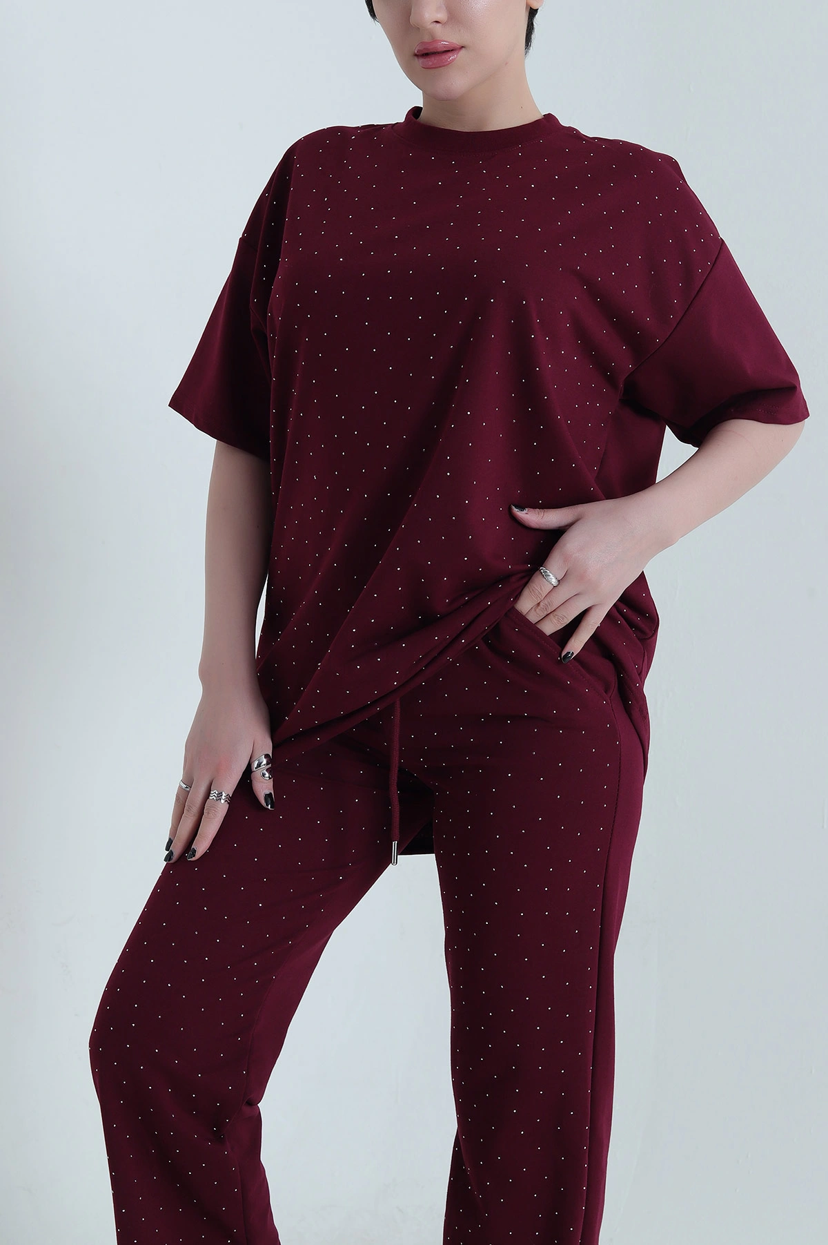 Bordo Taşlı Kristal Kadın İkili Takım 454523