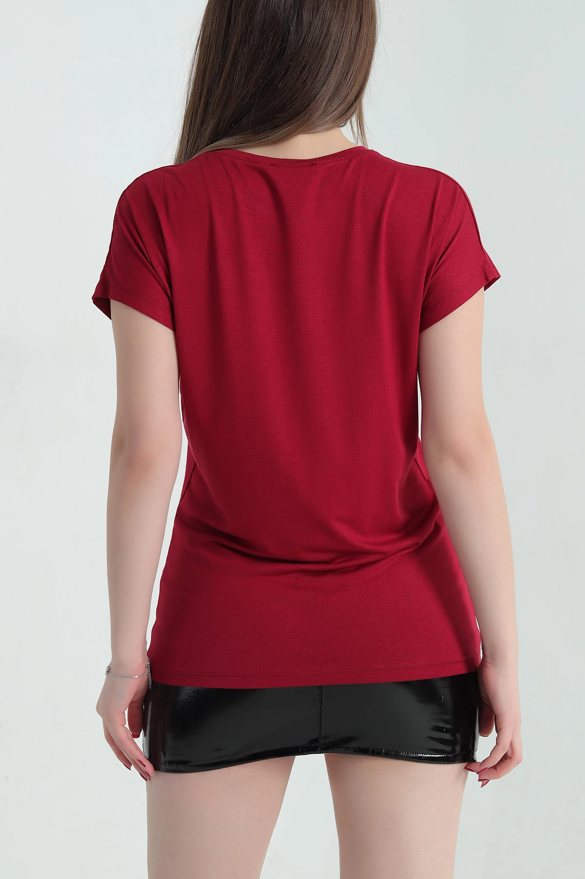 Bordo Taşlı Likralı Bisiklet Yaka Süprem Bluz 335882