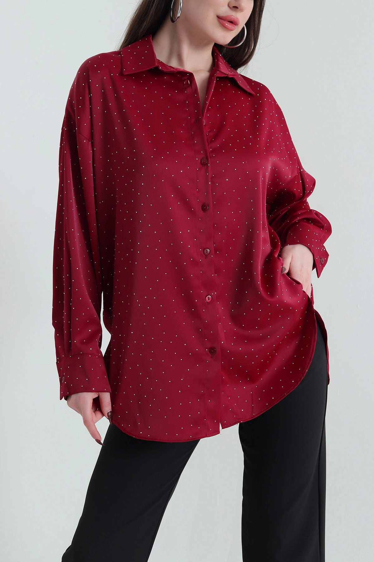 Bordo Taşlı Saten Kadın Gömlek 438265