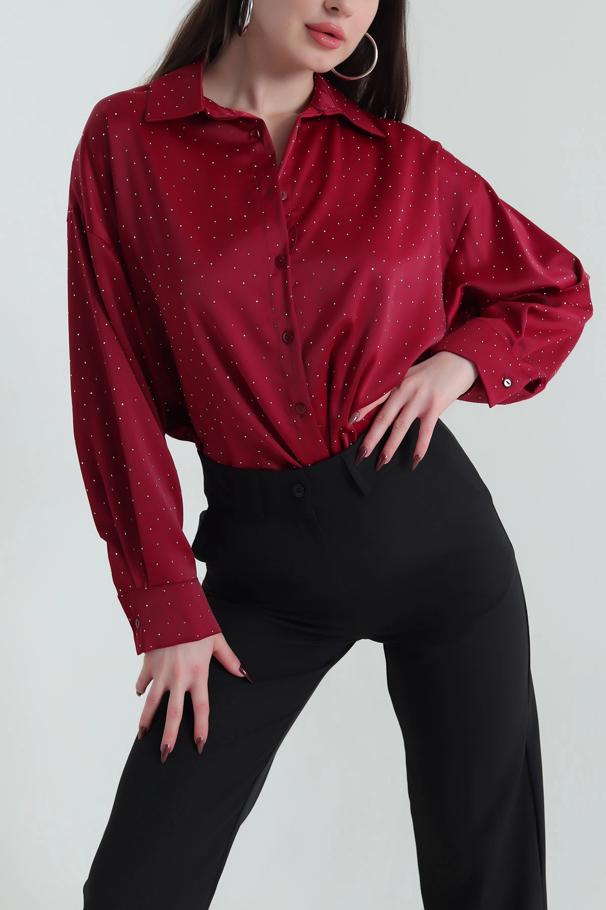 Bordo Taşlı Saten Kadın Gömlek 438265