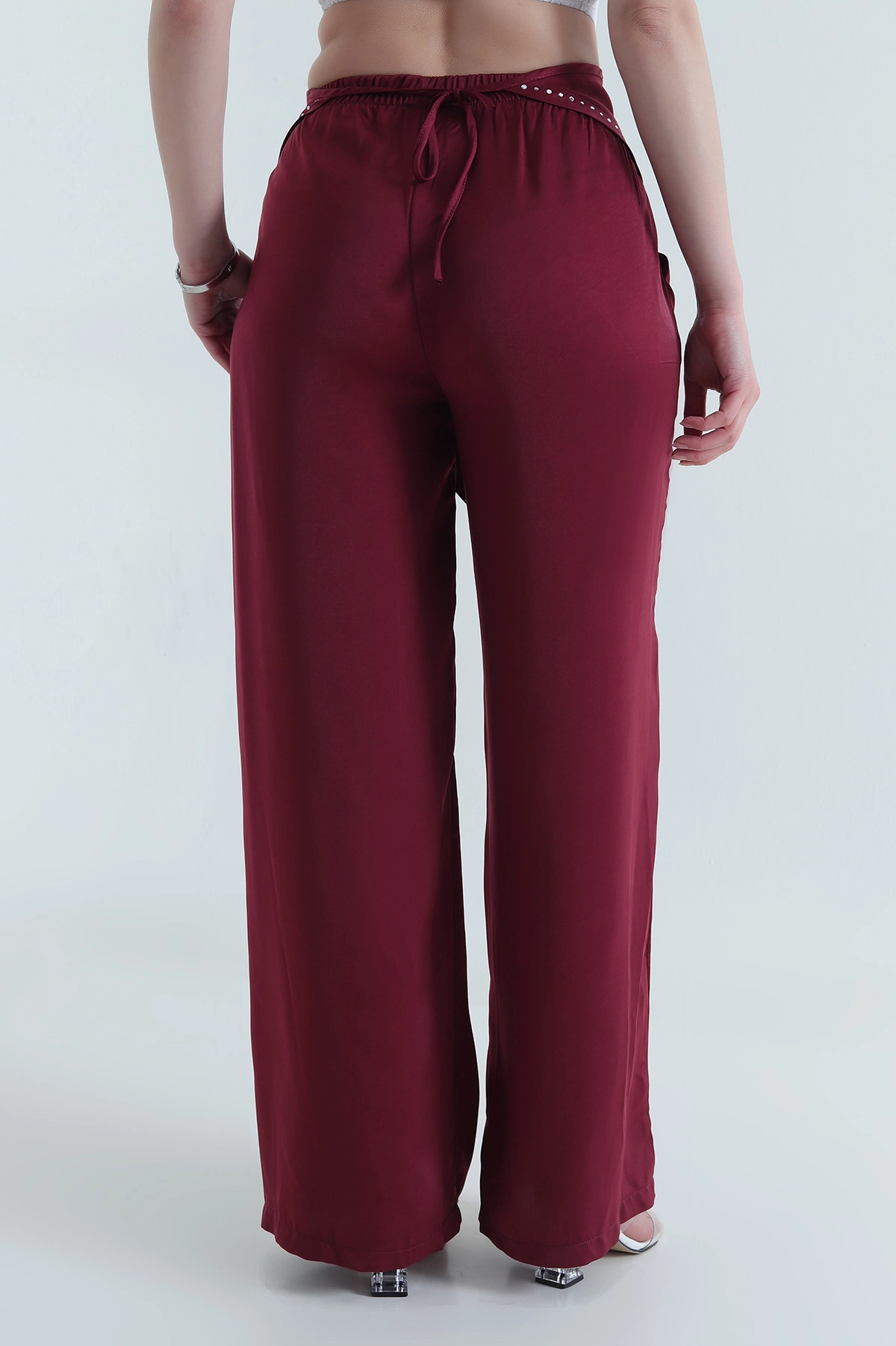 Bordo Taşlı Saten Kadın Pantolon 453919