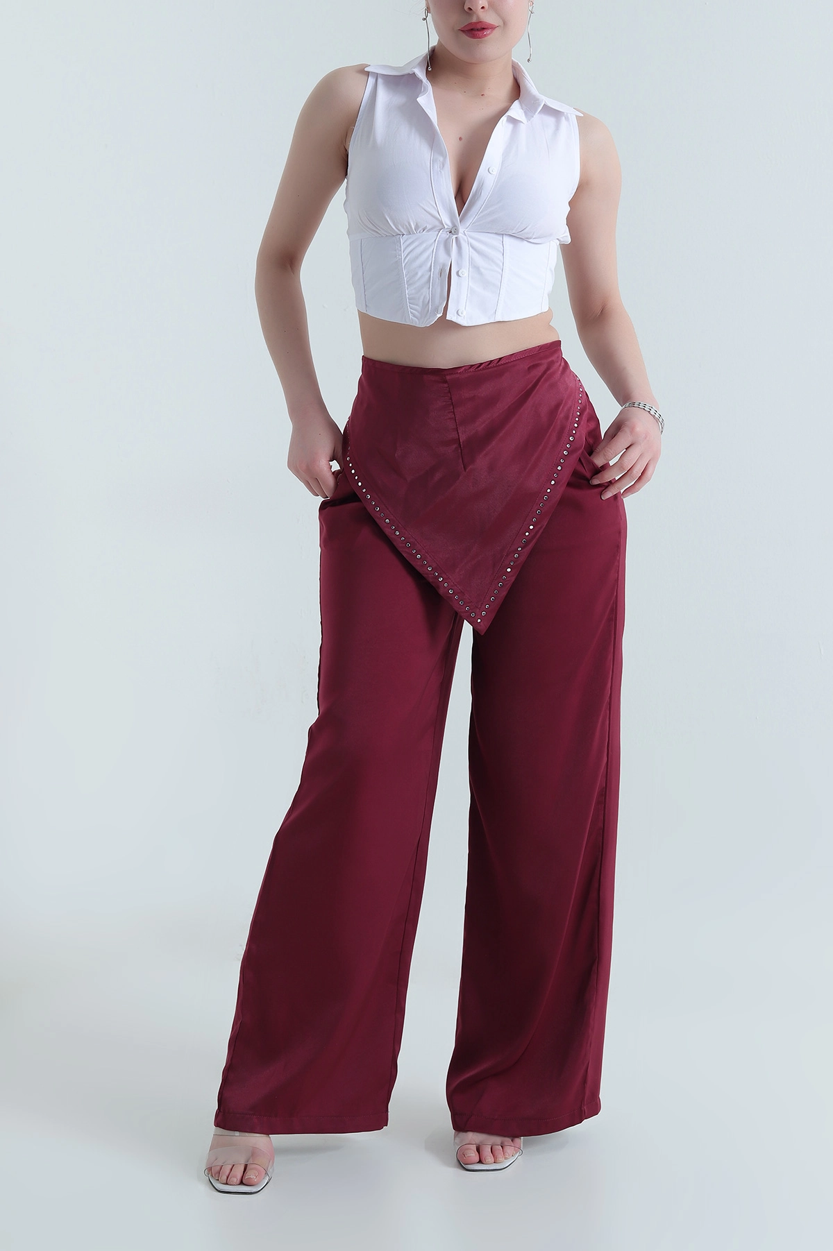 Bordo Taşlı Saten Kadın Pantolon  453919