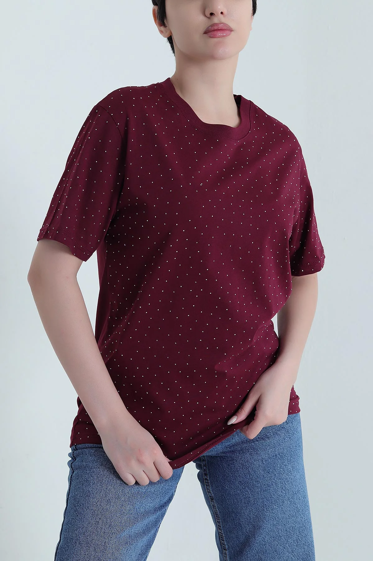 Bordo Taşlı Süprem Kadın Tişört 446703