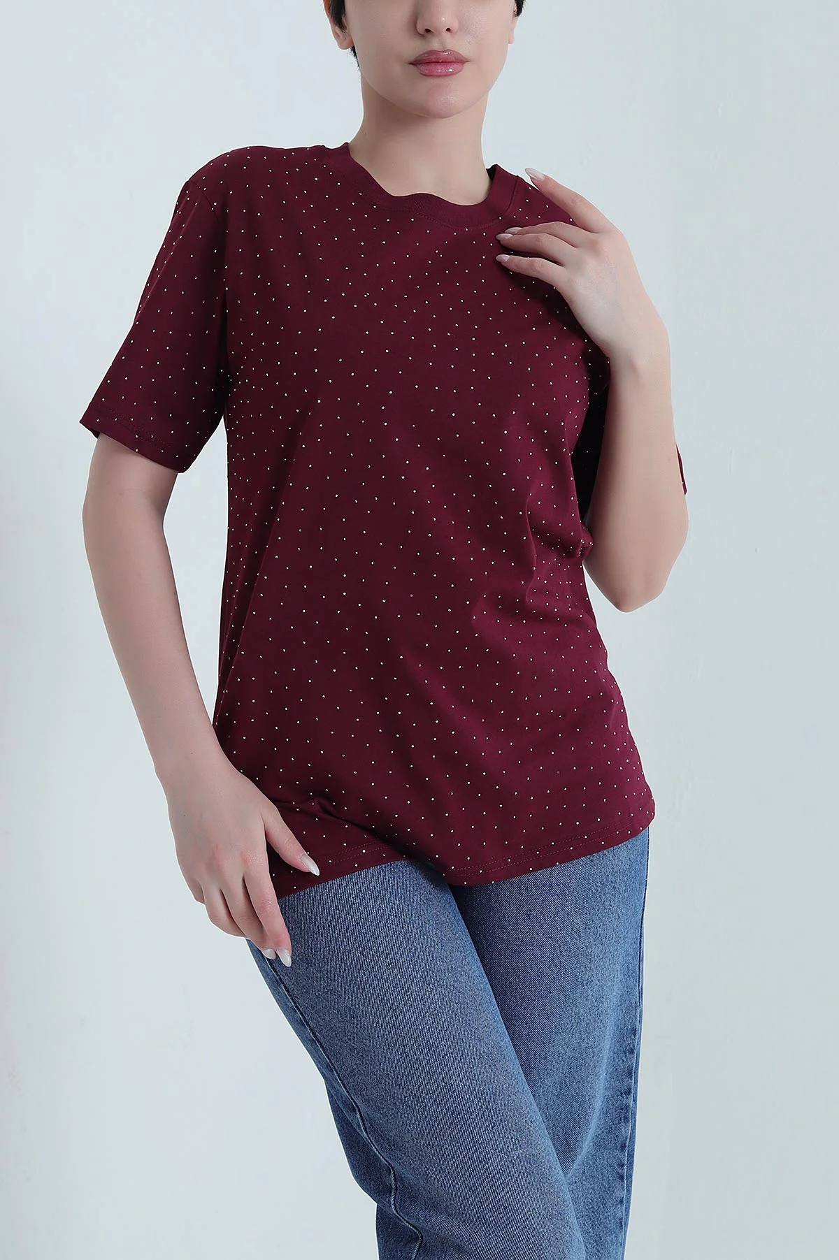 Bordo Taşlı Süprem Kadın Tişört 446703