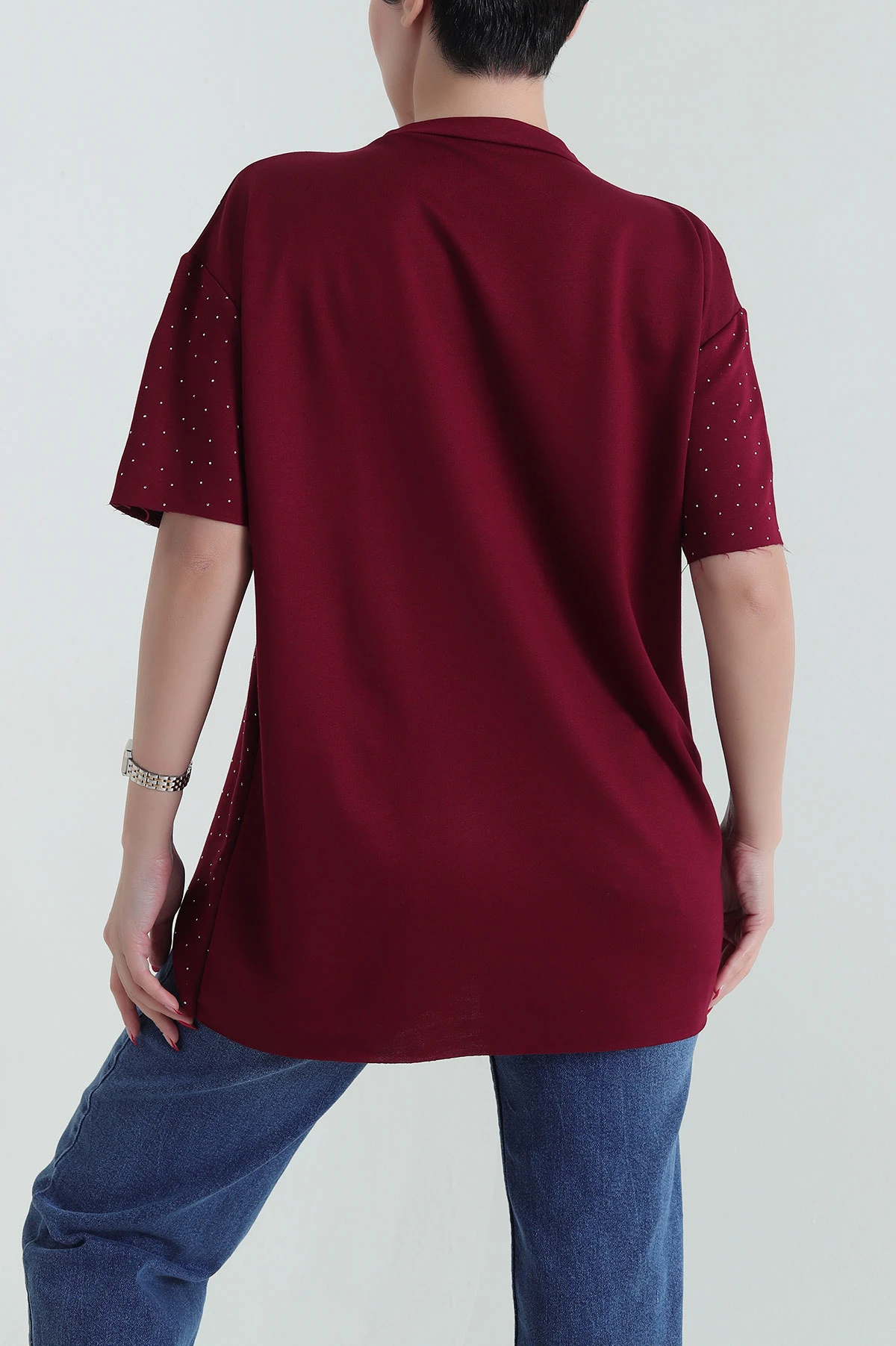 Bordo Taşlı Süprem Laser Kesim Kadın Tişört 432926