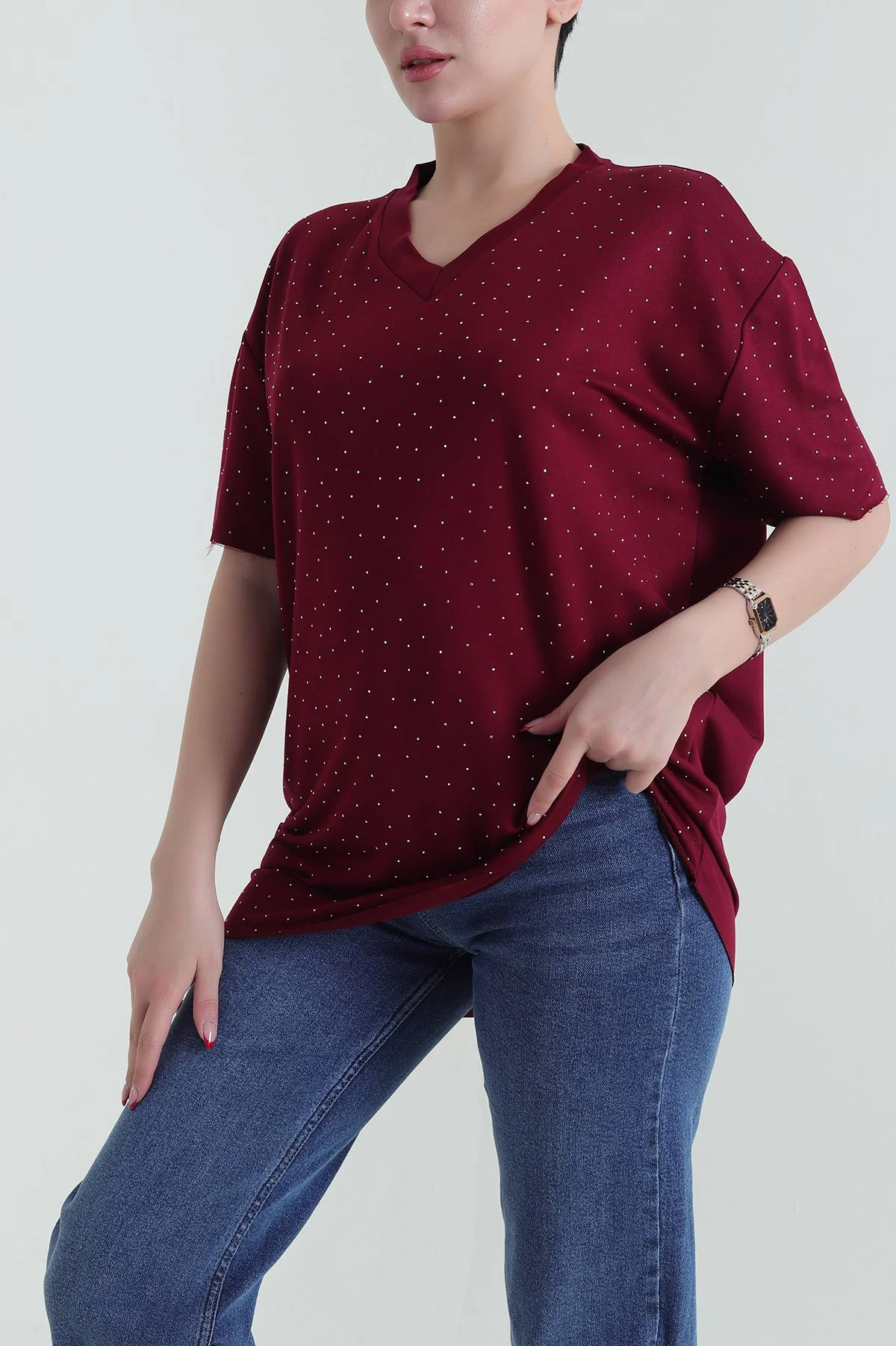 Bordo Taşlı Süprem Laser Kesim Kadın Tişört 432926