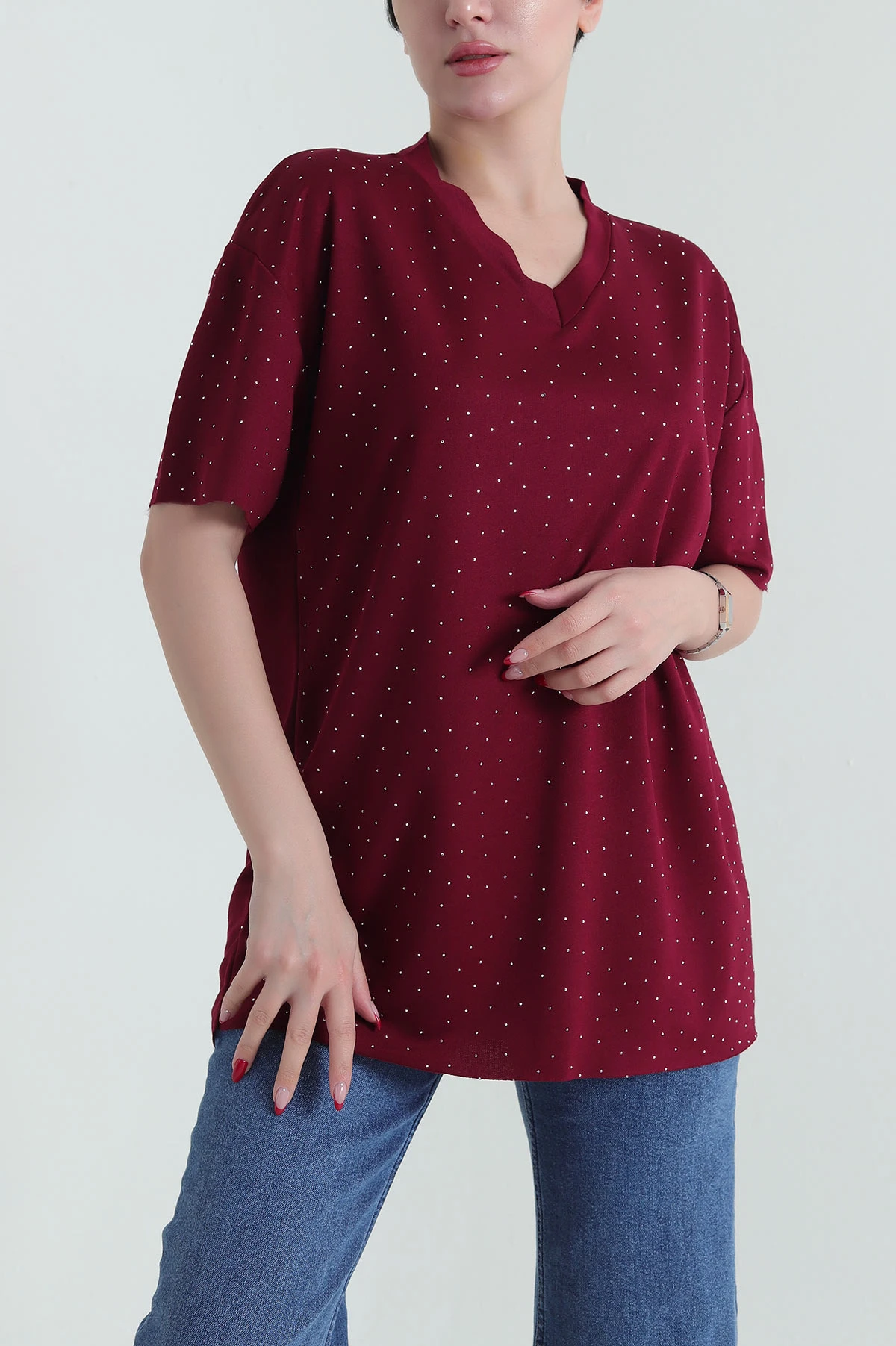 Bordo Taşlı Süprem Laser Kesim Kadın Tişört 432926