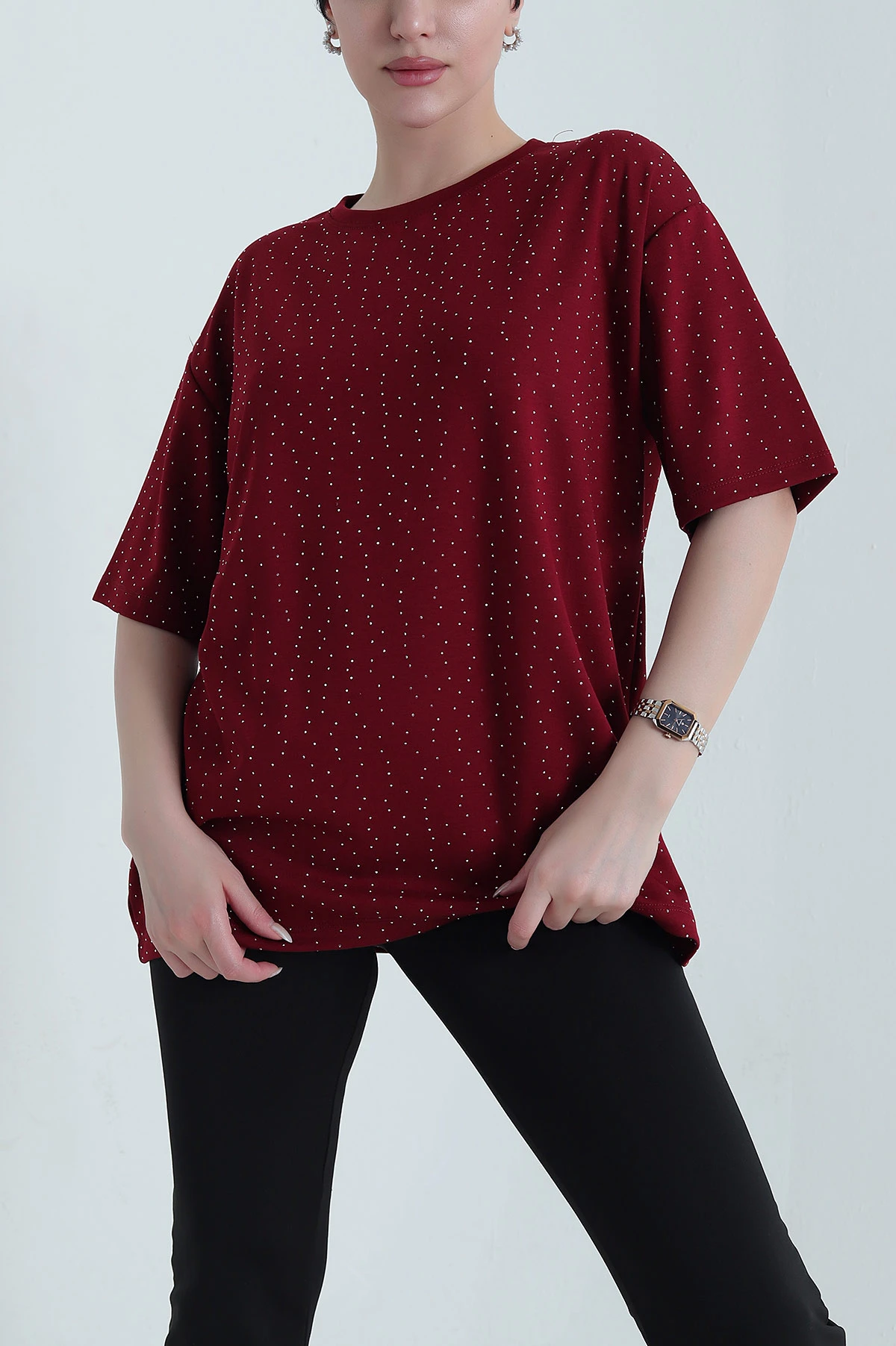 Bordo Taşlı Tasarım Kristal Kadın Tişört 448333