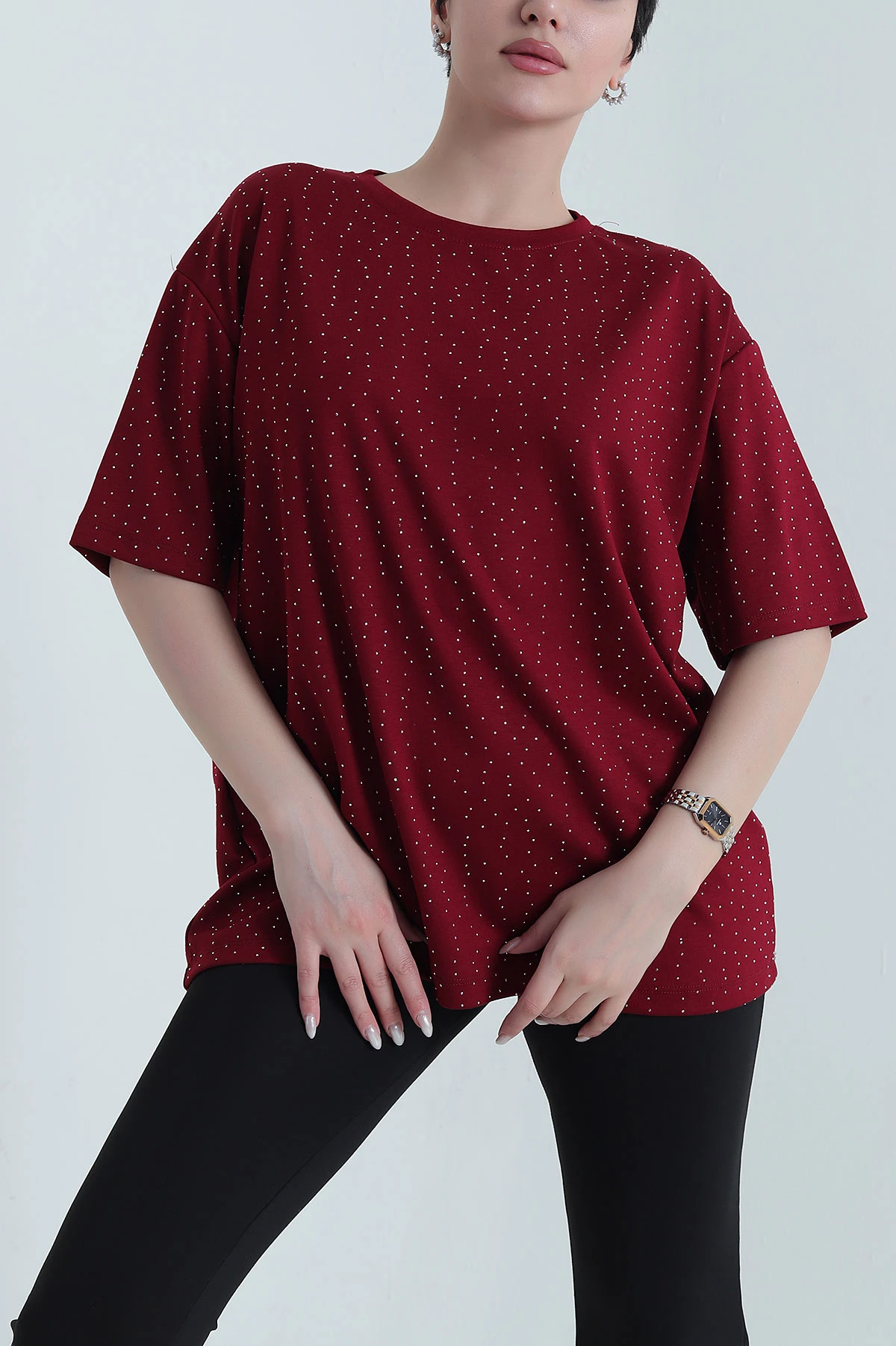 Bordo Taşlı Tasarım Kristal Kadın Tişört 448333