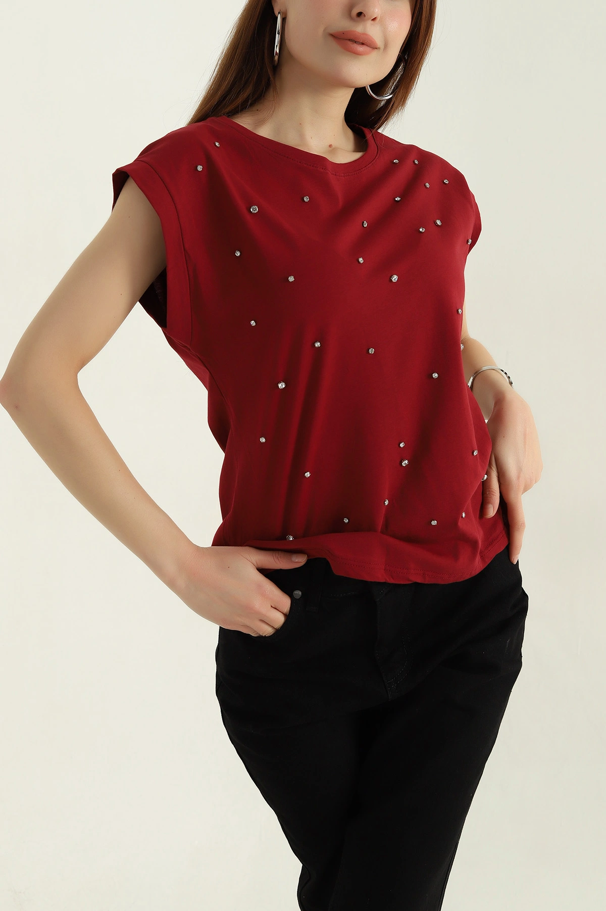 Bordo Taşlı Tasarım Süprem Kadın Bluz 362509