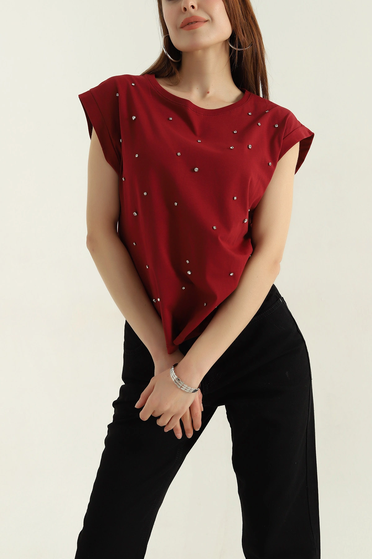 Bordo Taşlı Tasarım Süprem Kadın Bluz 362509