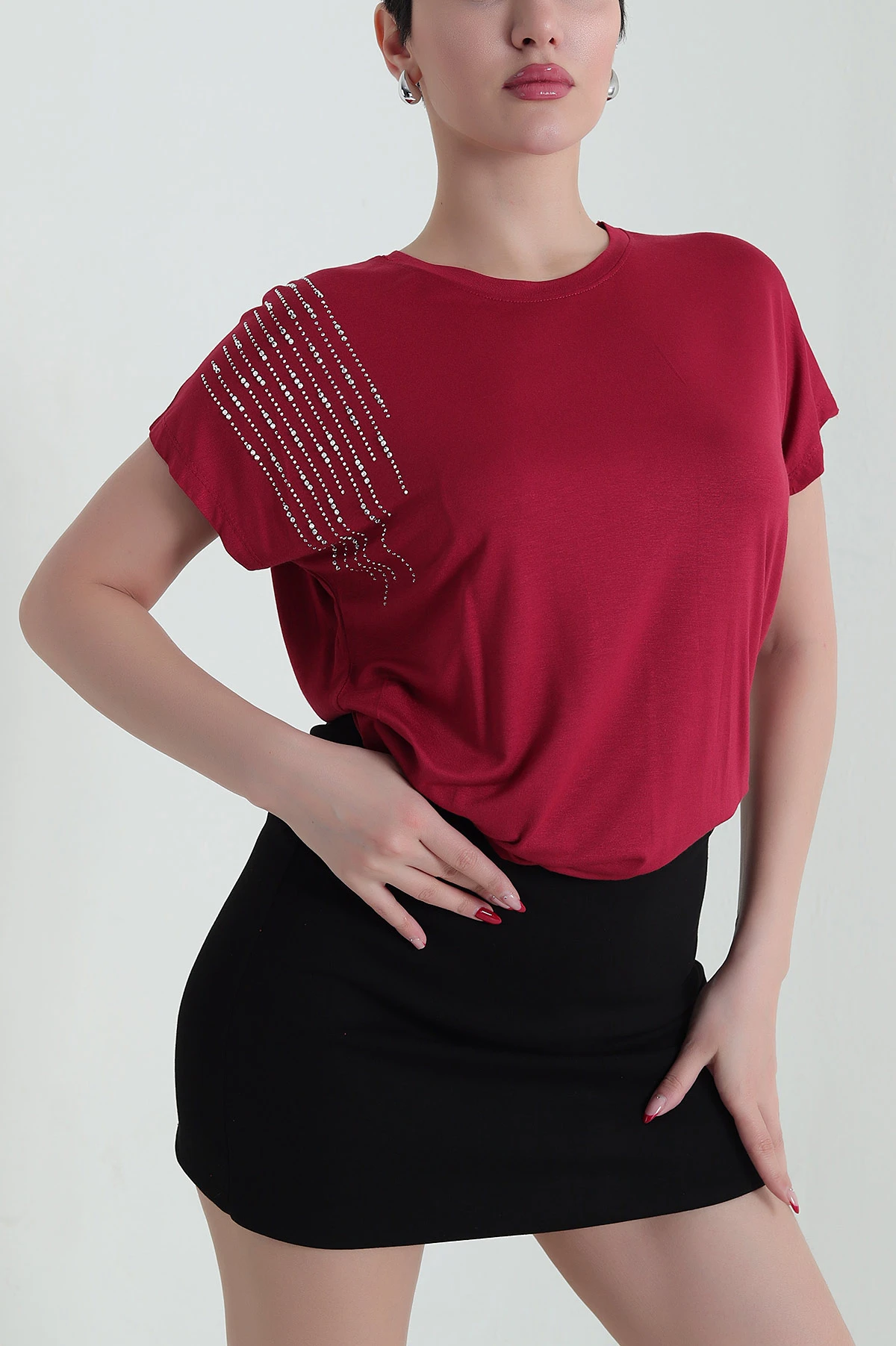 Bordo Taşlı Viskon Kadın Bluz 437583