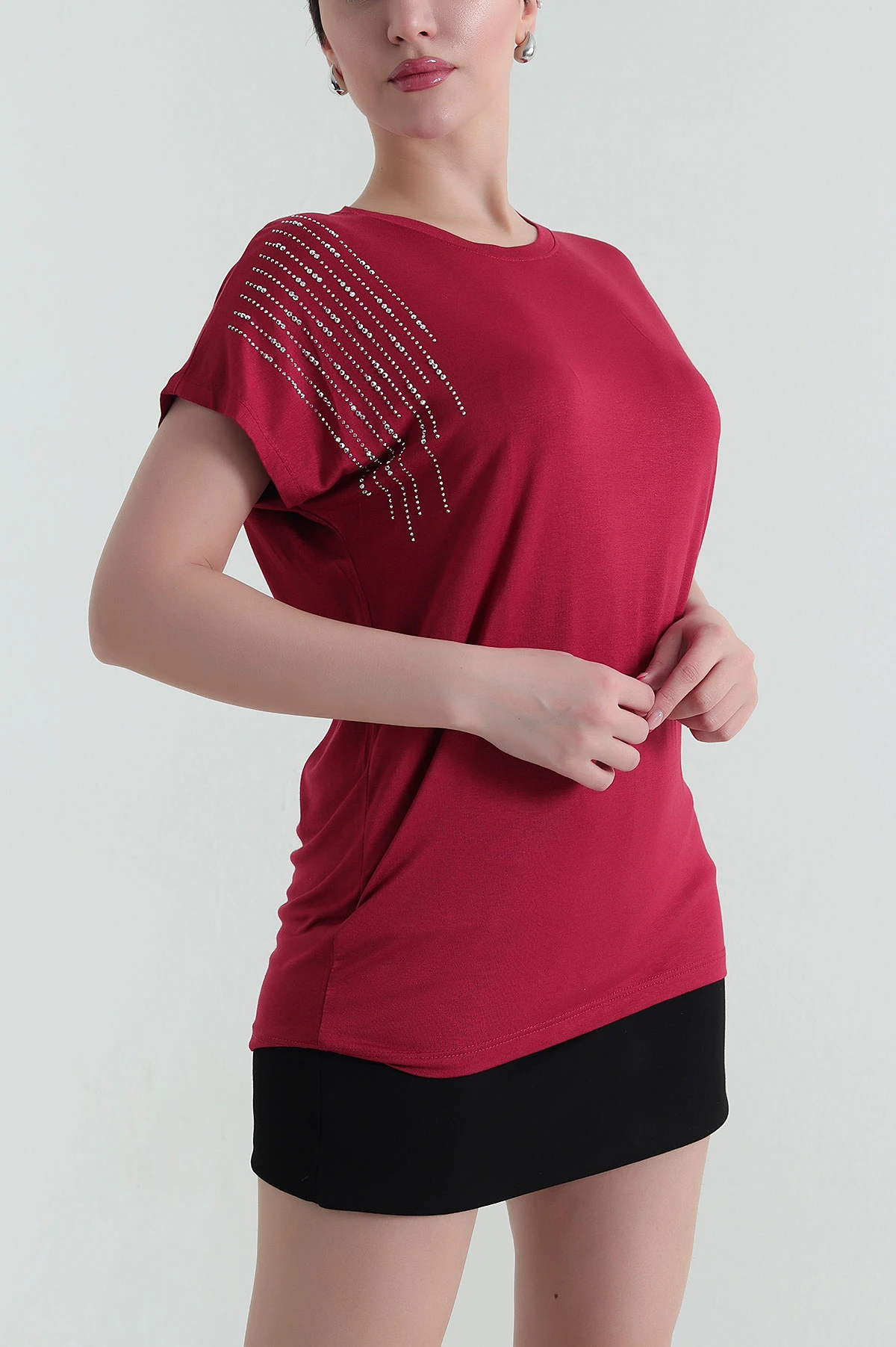 Bordo Taşlı Viskon Kadın Bluz 437583