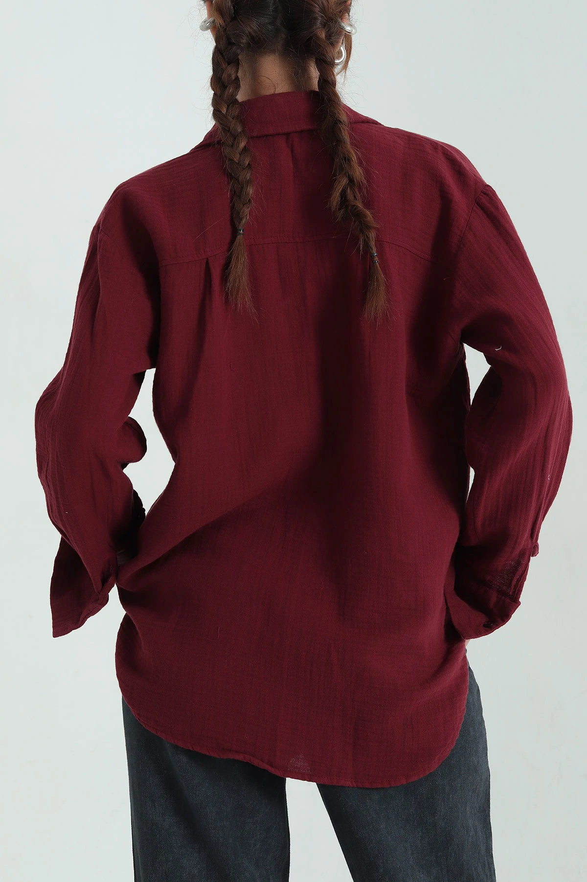 Bordo Tek Cep Bayan Müslin Gömlek 336830