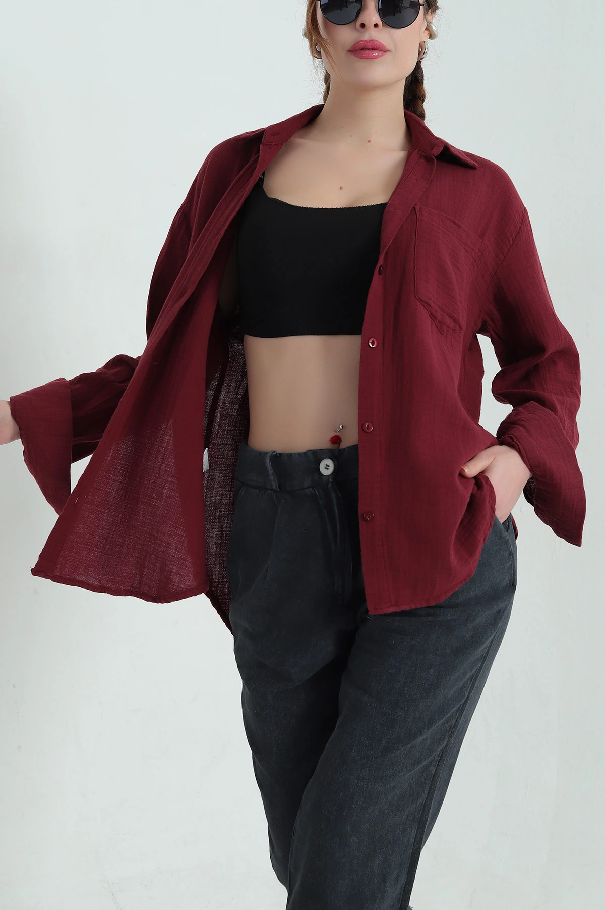 Bordo Tek Cep Bayan Müslin Gömlek 336830