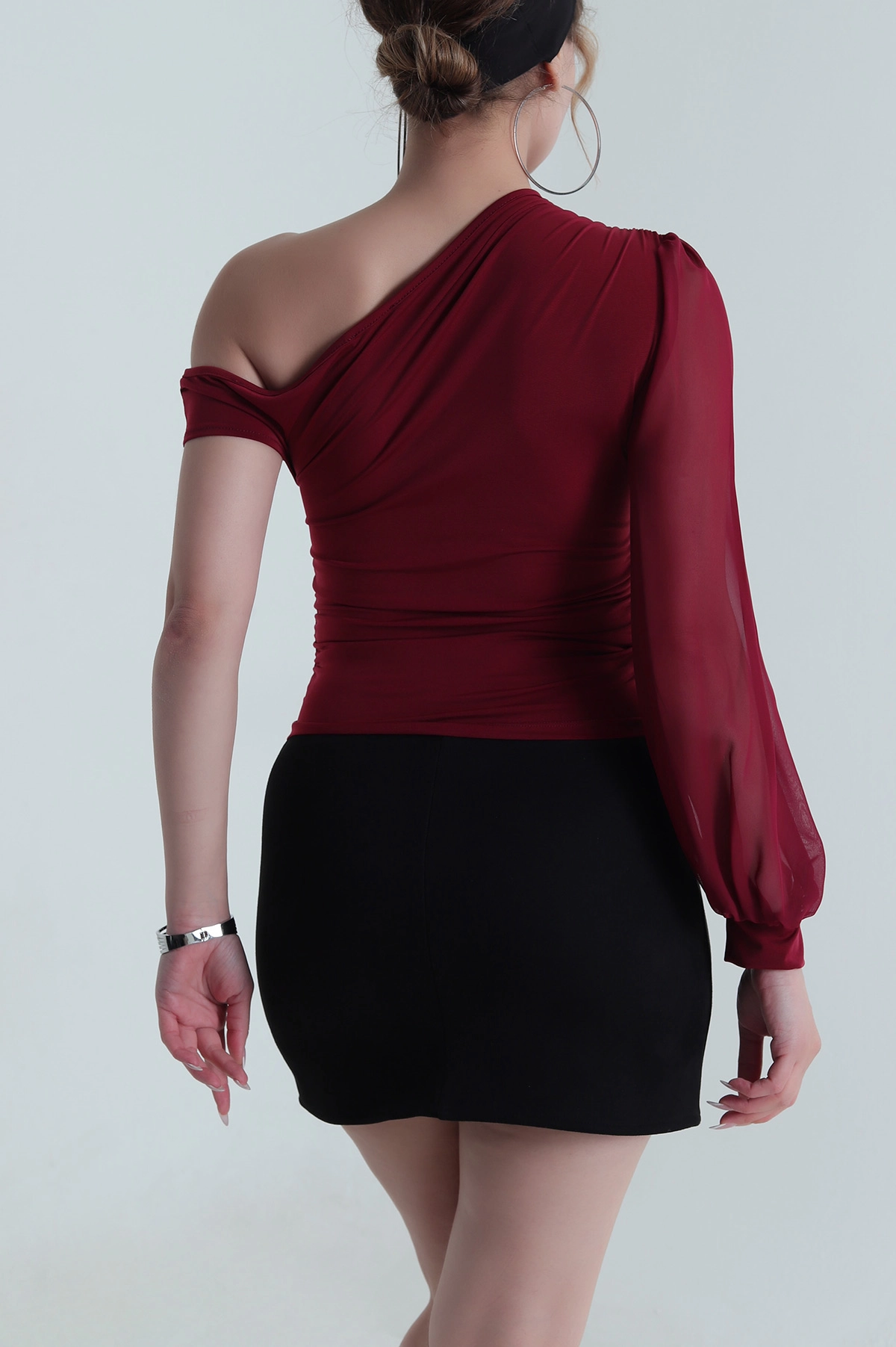 Bordo Tek Kol Şifon Kadın Bluz 486193