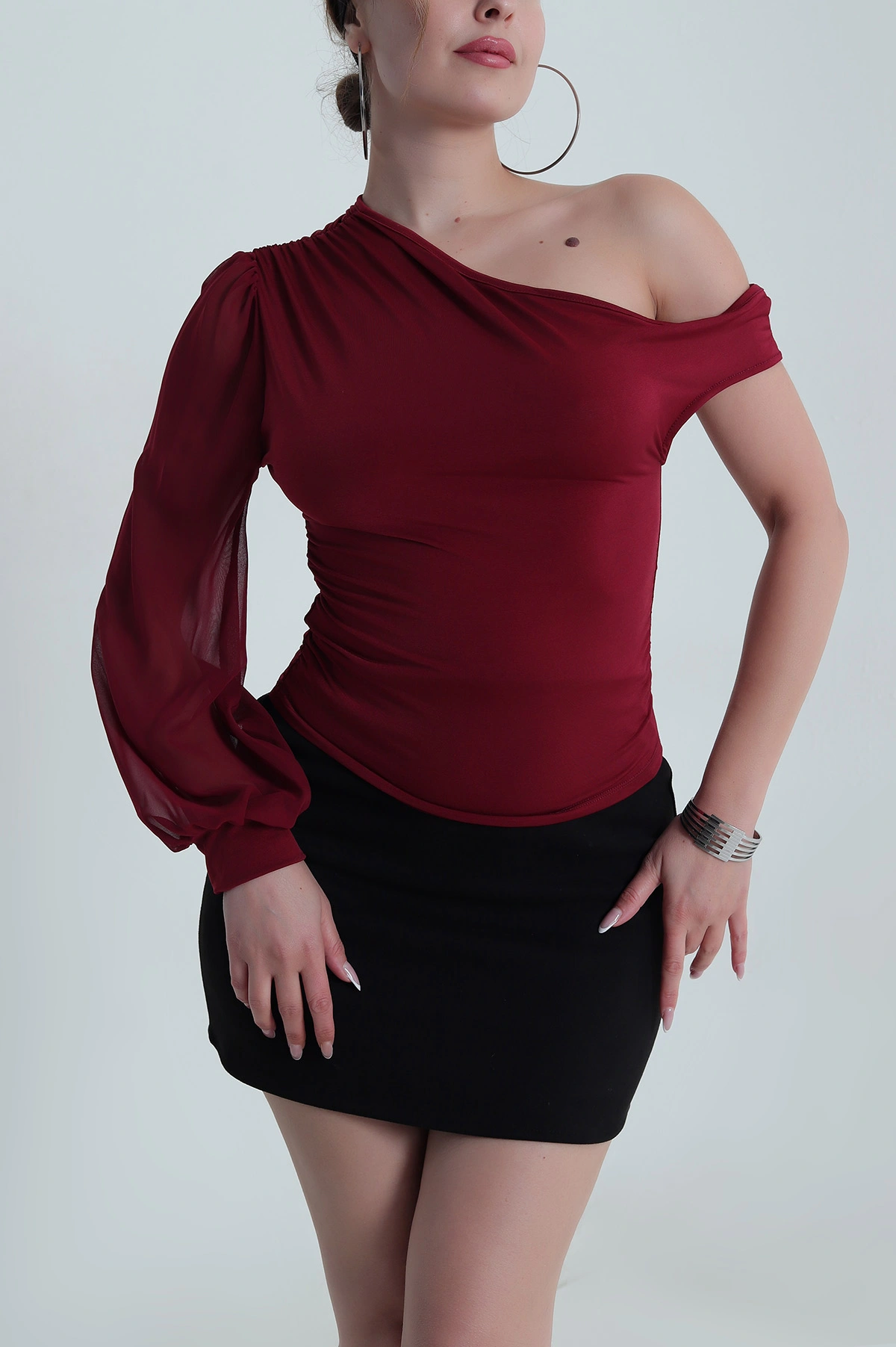 Bordo Tek Kol Şifon Kadın Bluz 486193