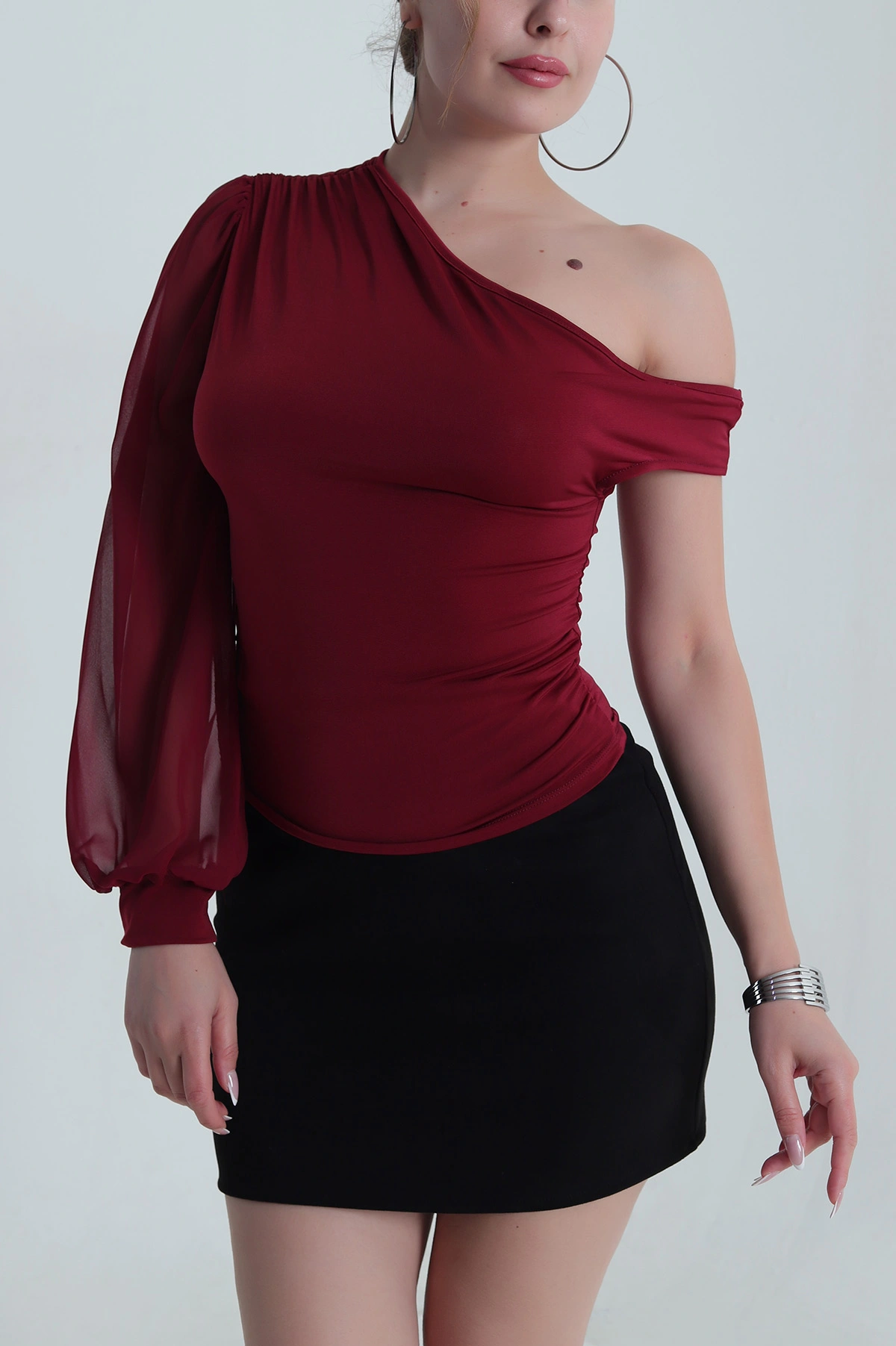 Bordo Tek Kol Şifon Kadın Bluz 486193
