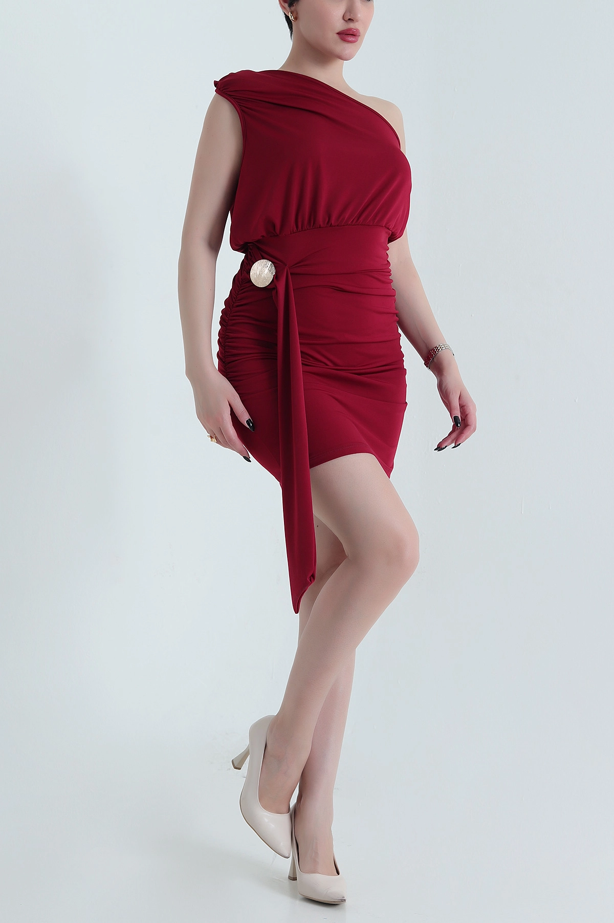 Bordo Tek Omuz Buzzy Kadın Elbise 451313