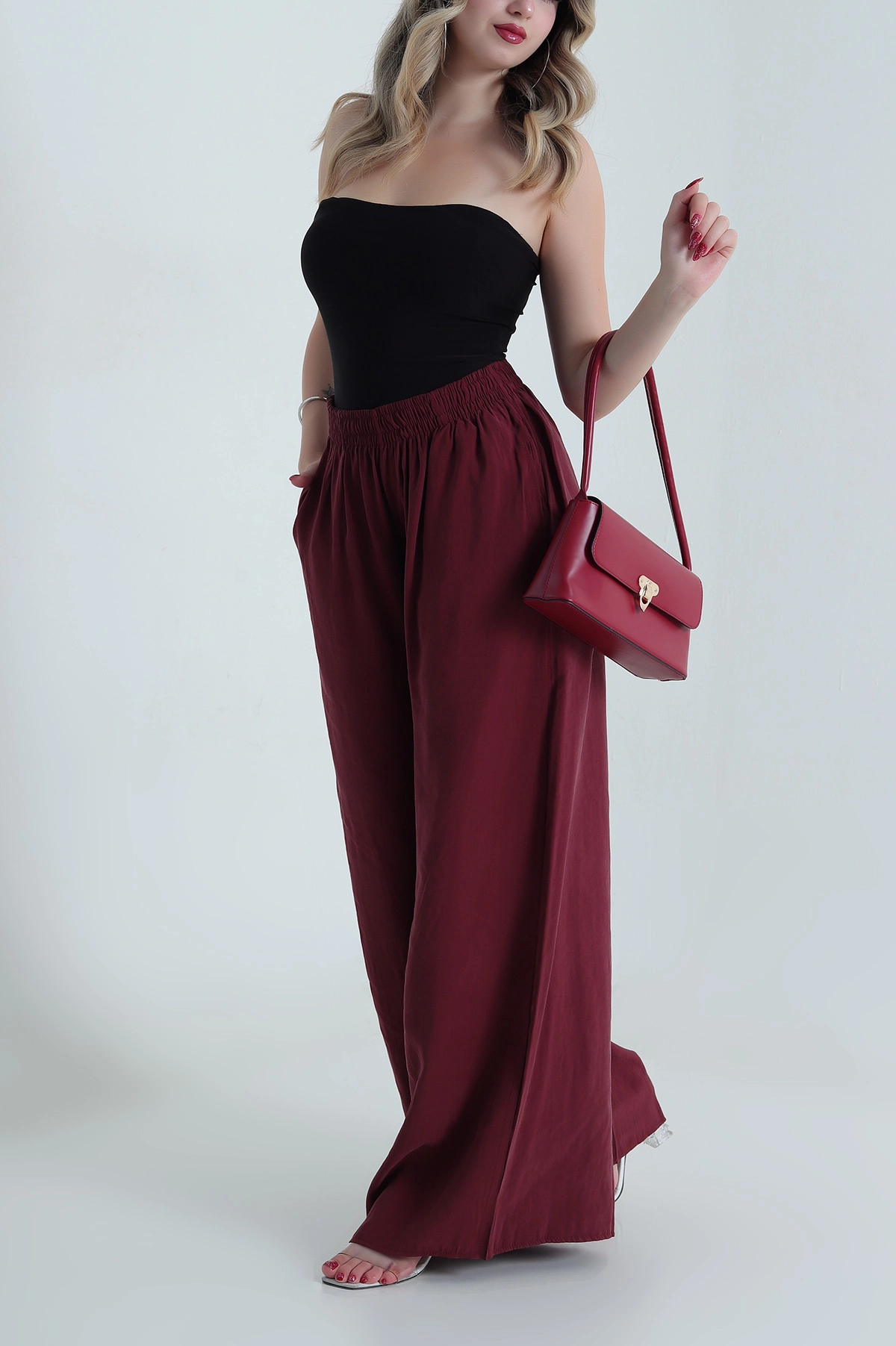 Bordo Tencel Bel Lastikli Kadın Pantolon 481026