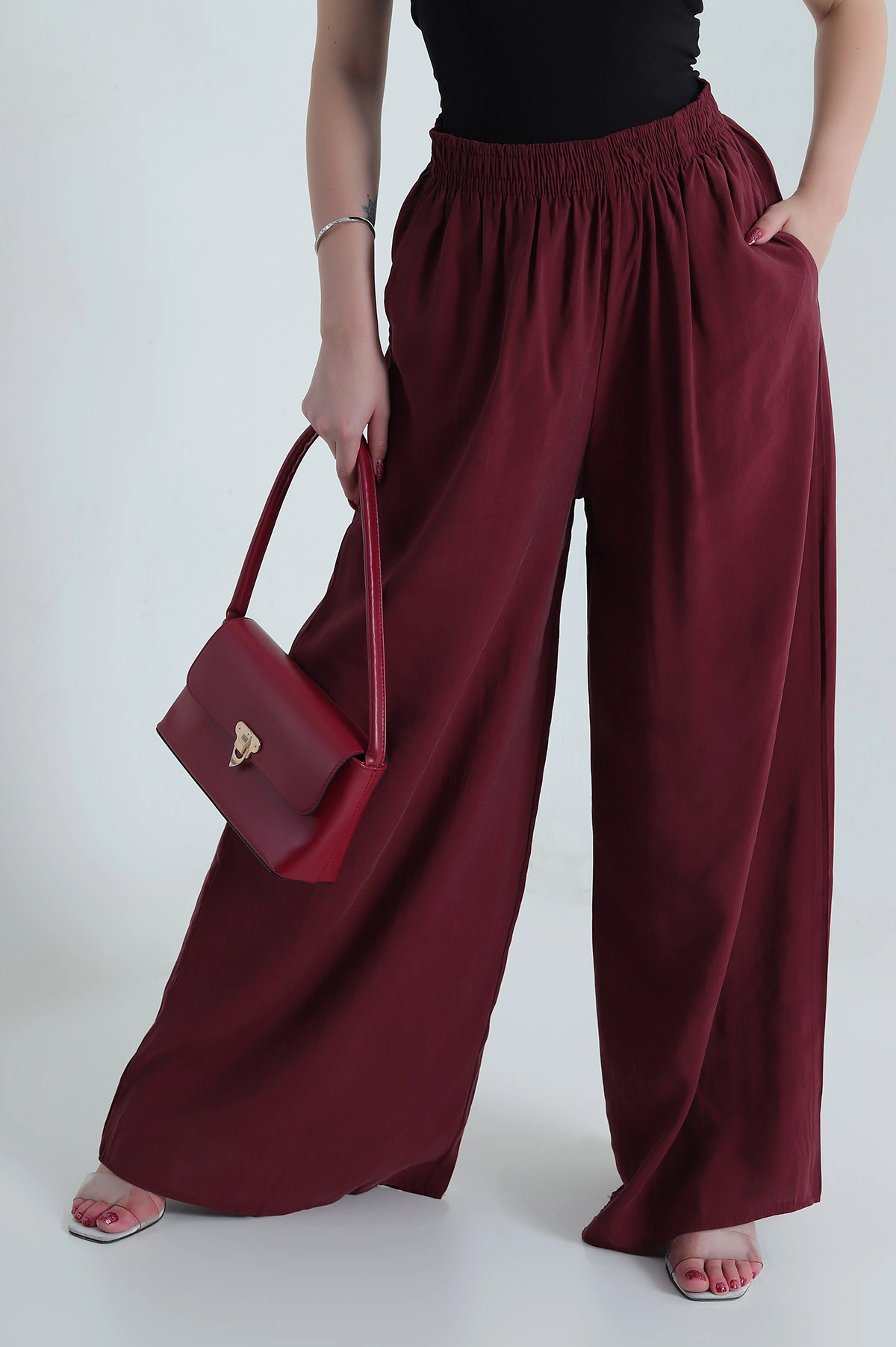 Bordo Tencel Bel Lastikli Kadın Pantolon 481026