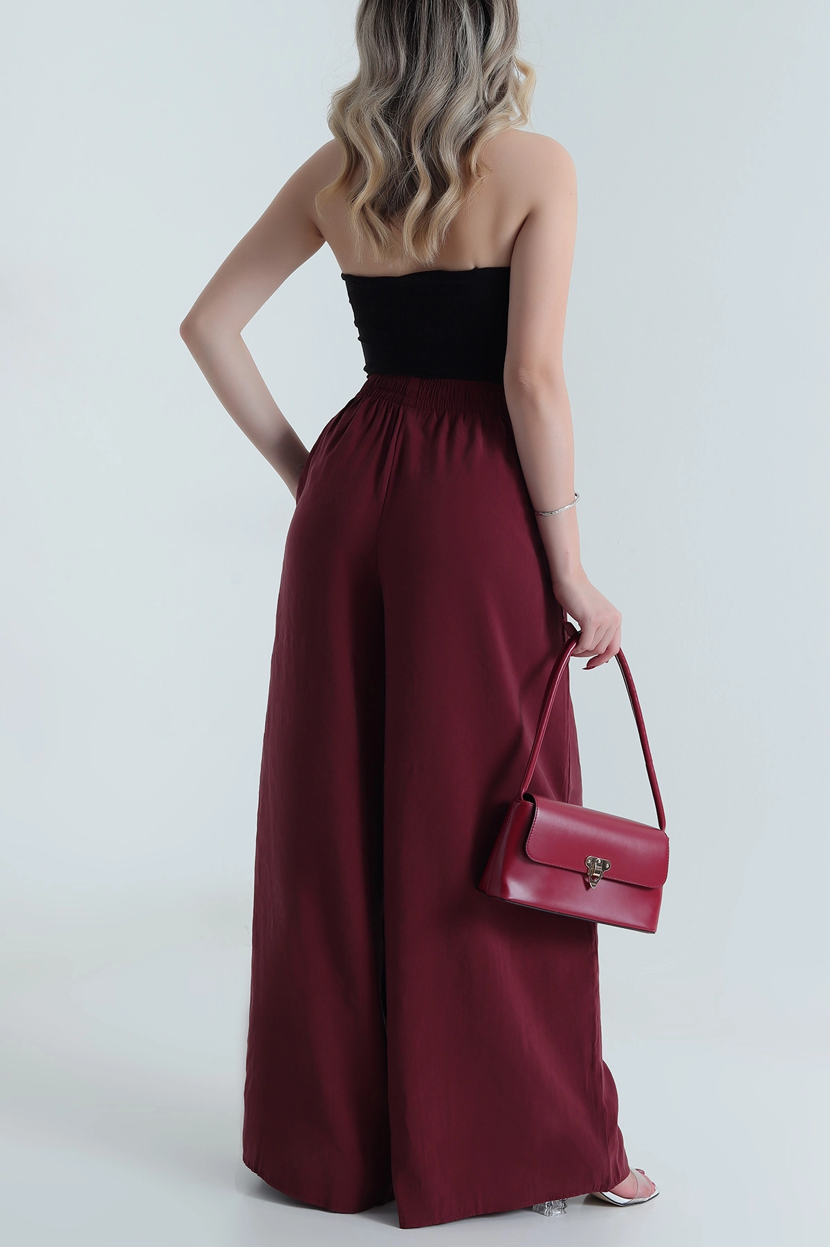 Bordo Tencel Bel Lastikli Kadın Pantolon 481026