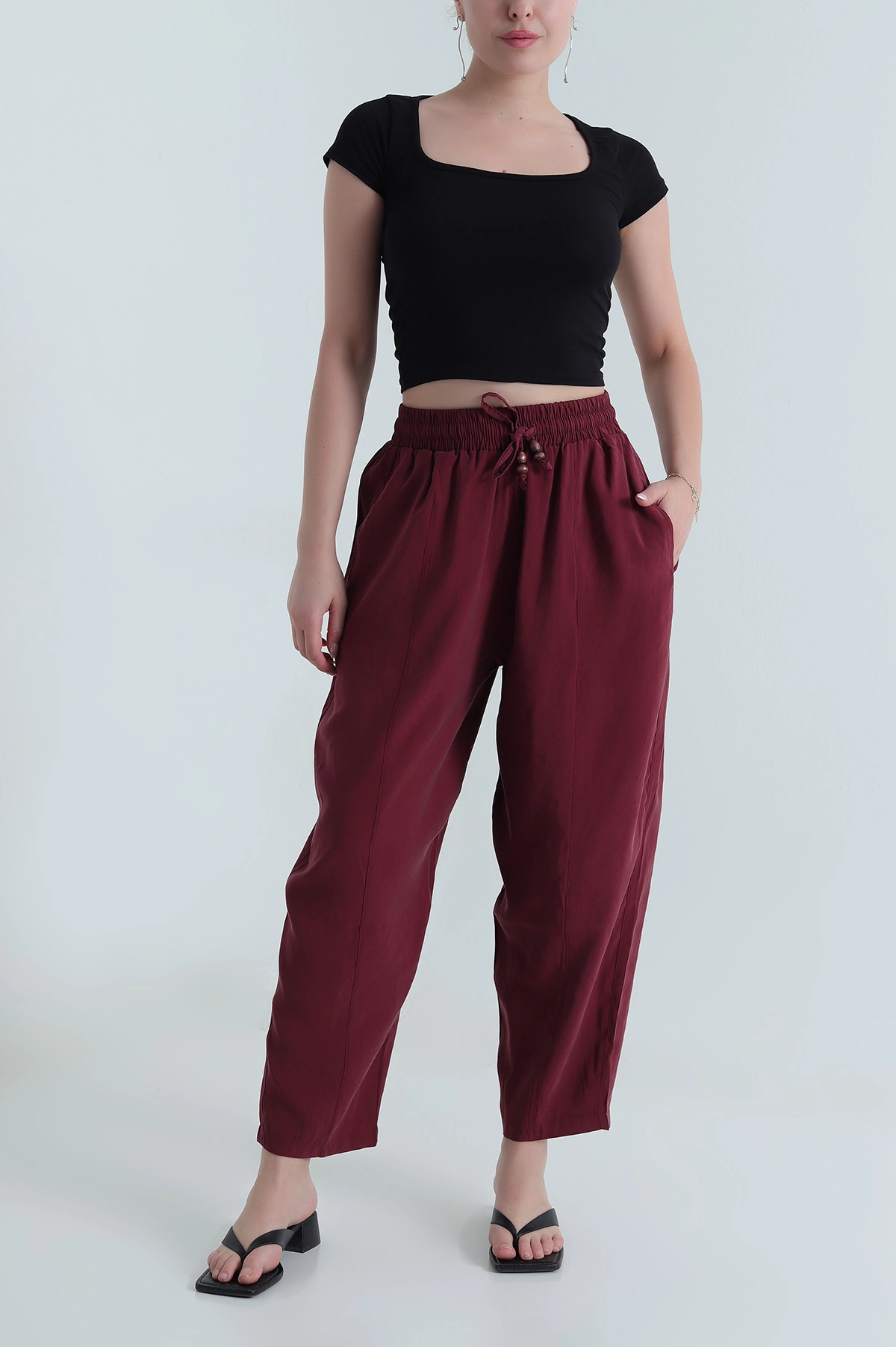 Bordo Tencel Boncuklu Şalvar Kadın Pantolon 481047