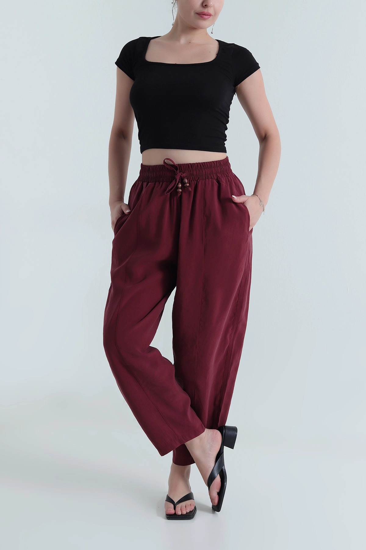 Bordo Tencel Boncuklu Şalvar Kadın Pantolon 481047