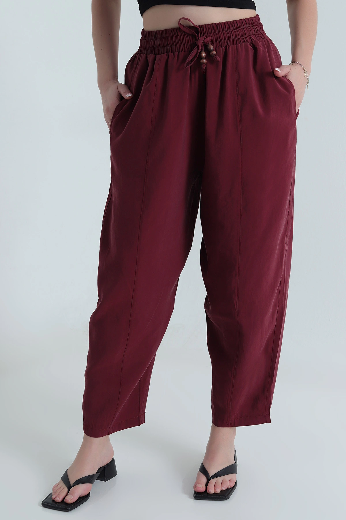 Bordo Tencel Boncuklu Şalvar Kadın Pantolon 481047
