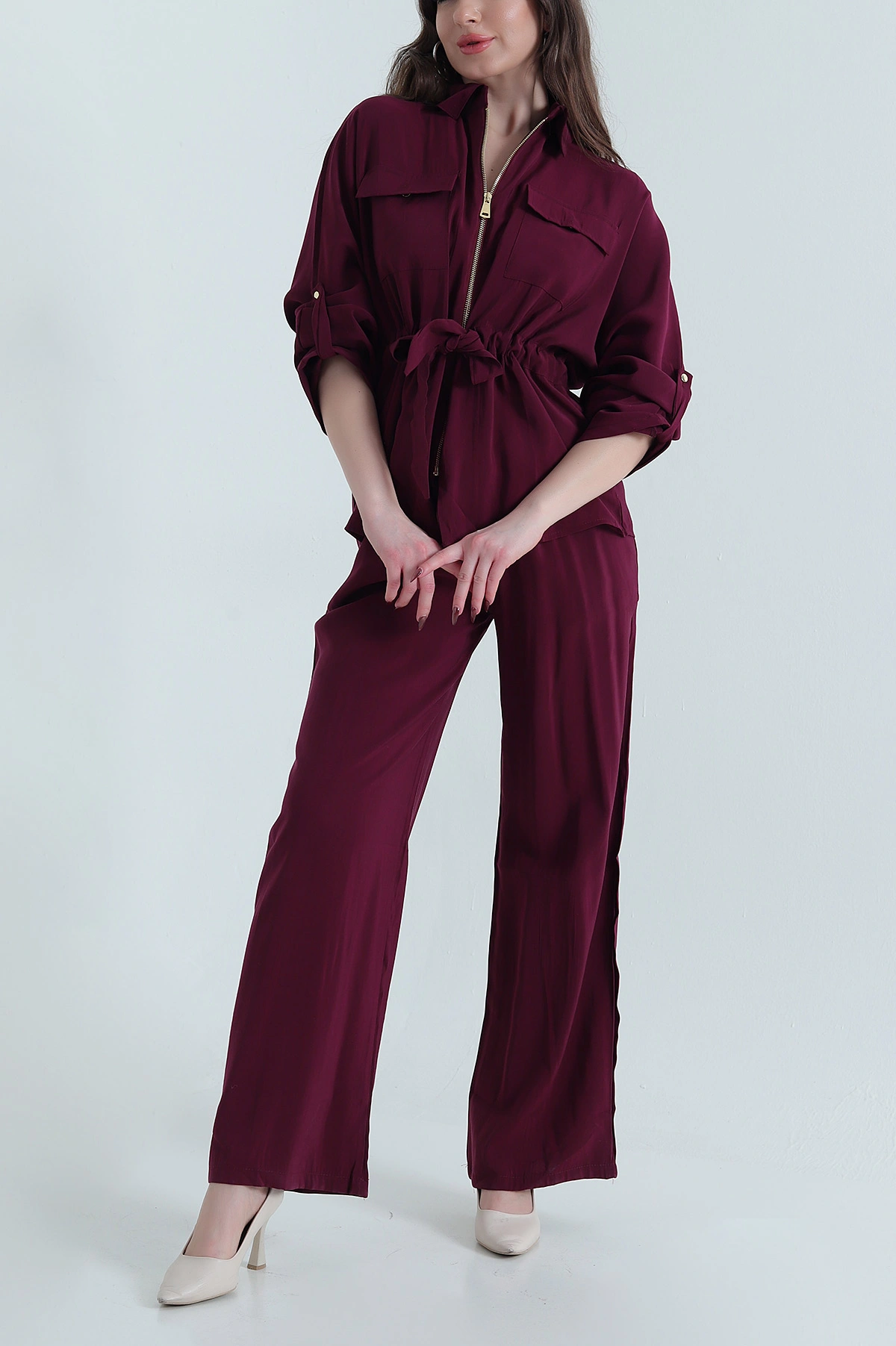 Bordo Tencel Fermuarlı Çift Cep Kadın İkili Takım 438457