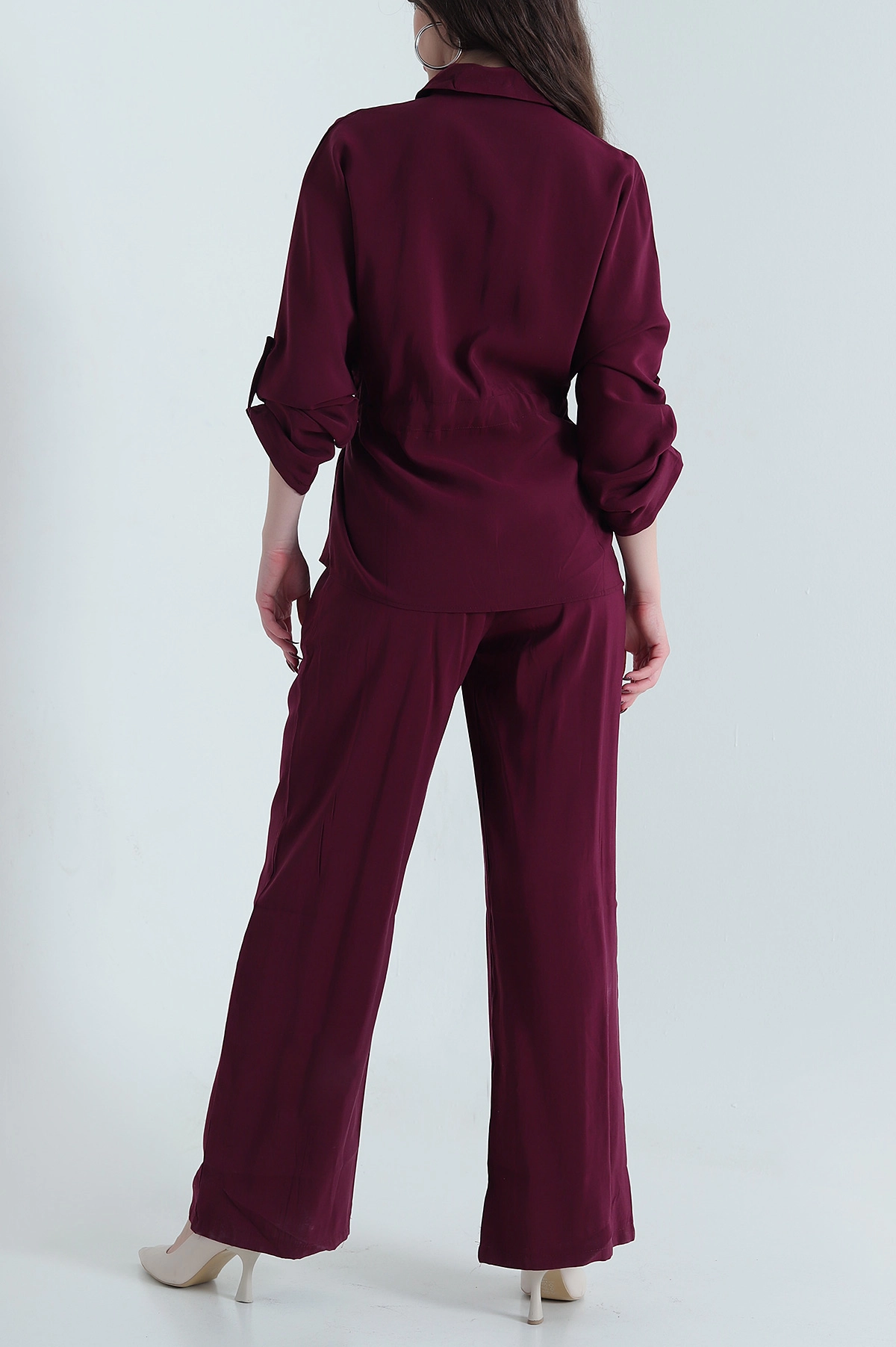 Bordo Tencel Fermuarlı Çift Cep Kadın İkili Takım 438457